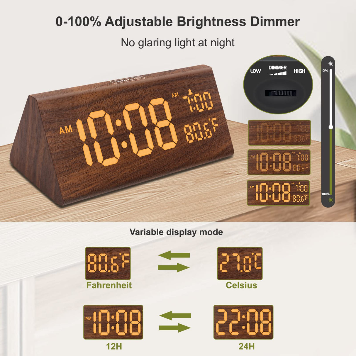 DreamSky Wooden Digital Alarm Clock for Bedroom - 7.7" Electric Clocks with USB Port, Large Numbers, Temperature, 0-100% Brightness Dimmer, Adjustable Alarm Volume, Snooze, 12/24H DreamSky