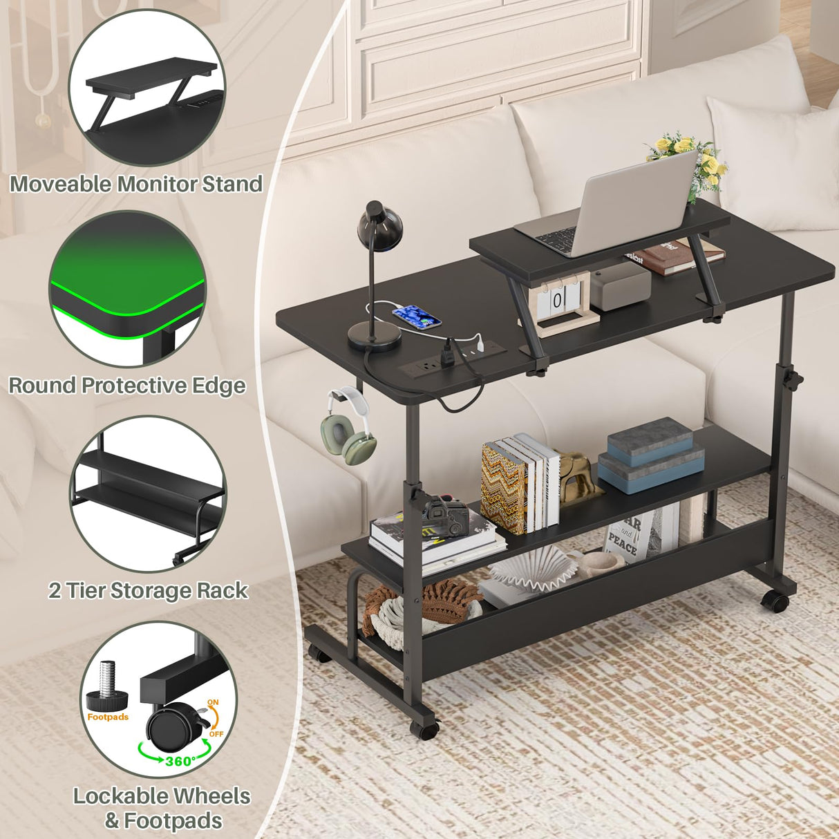 Height Adjustable Standing Desk with Power Outlets and LED Lights - 39" Manual Stand Up Desk with Monitor Stand and Storage Shelves Small Mobile Rolling Computer Desk Portable Laptop Table, Black Besiost