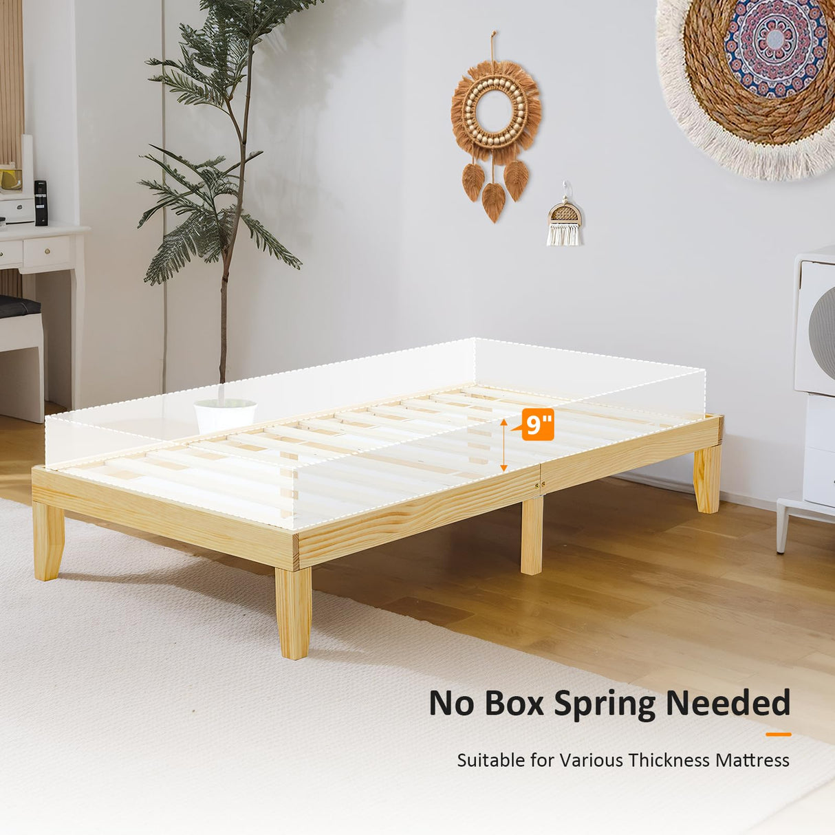VINGLI 12 in Classic Twin Solid Wood Platform Bed Frame with Storage Space Underneath,Sturdy Wooden Bed Slat Support, Minimalist Design, No Box Spring Needed, Pine Mattress Foundation, Natural Oak VINGLI