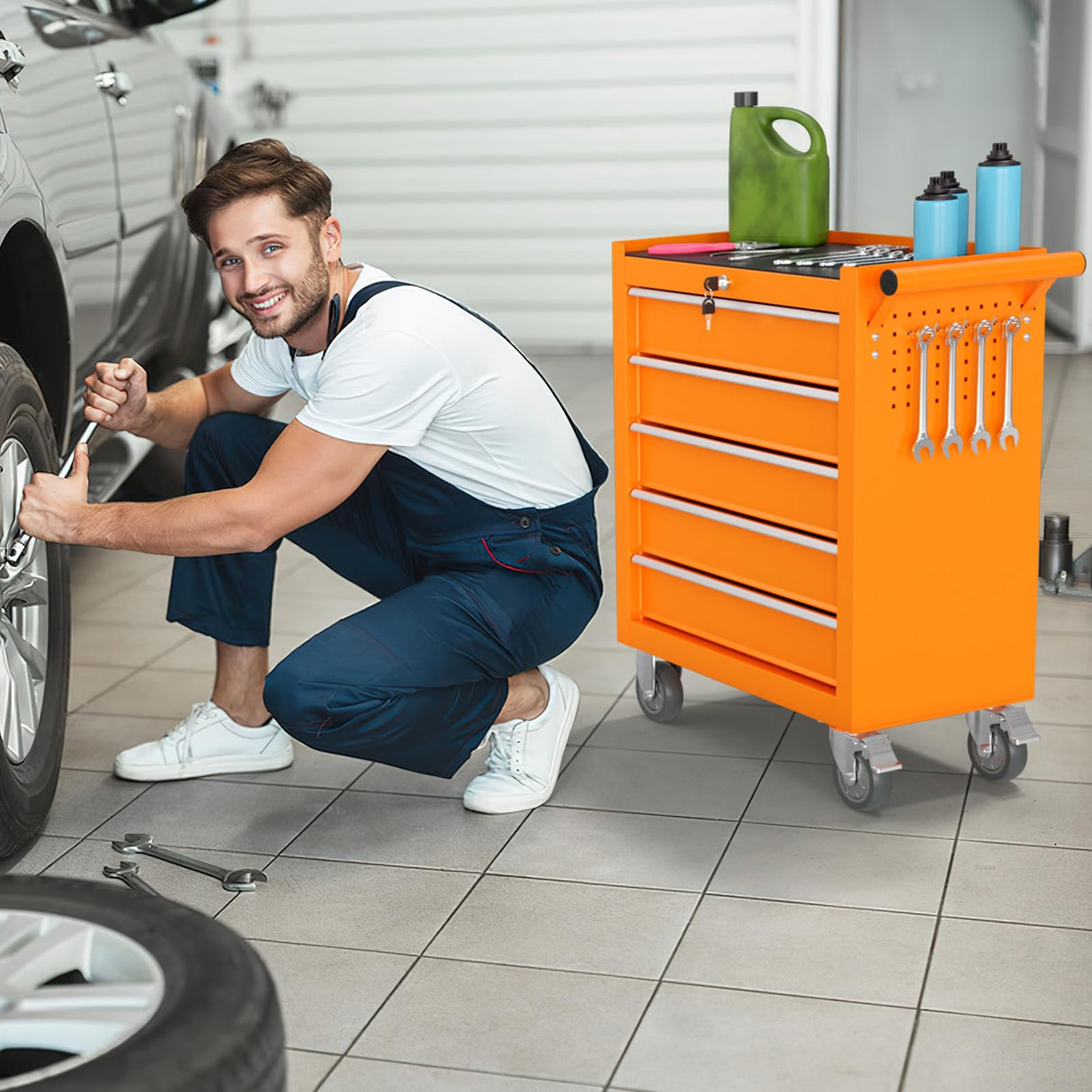 Granper 5-Drawer Tool Chest Tool Box with Wheels Movable Rolling Tool Chest High Capacity Tool Chest with Wheels Heavy Duty Tool Cabinet for Workshop, Garage, Mechanics and Repair Room(Orange) Granper