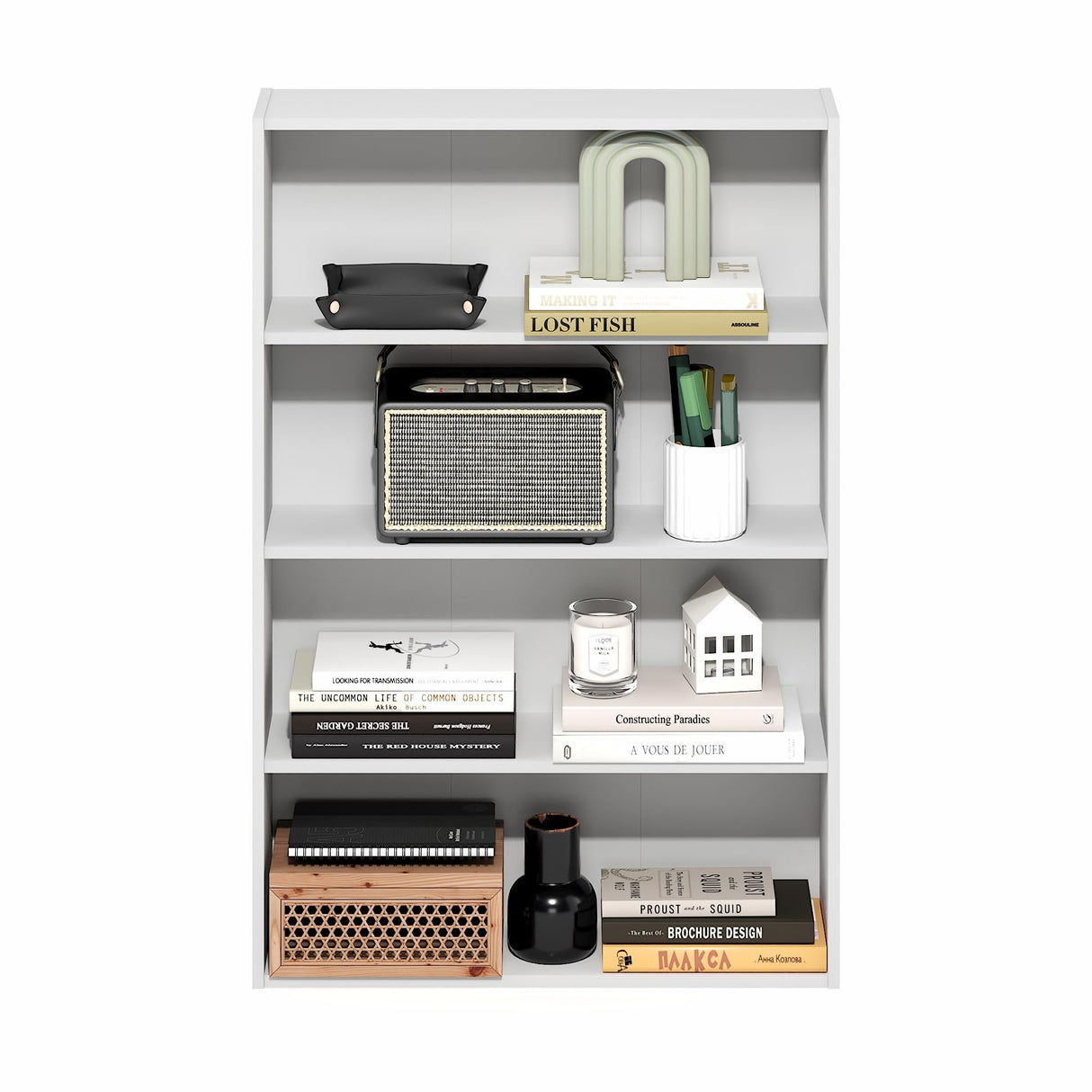 Furinno Basic Book Shelf, 4-Tier Bookcase with Open Shelf, Bookshelf, Cube Storage Organizer, 6 x 24 x 35, for Living Room, Bedroom, Home Office, White