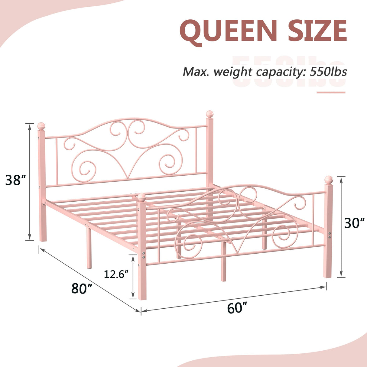 VECELO Queen Size Bed Frame with Headboard and Footboard, Heavy Duty Metal Slat Support, Platform Mattress Foundation, No Box Spring Needed, Easy Assembly, Light Pink VECELO