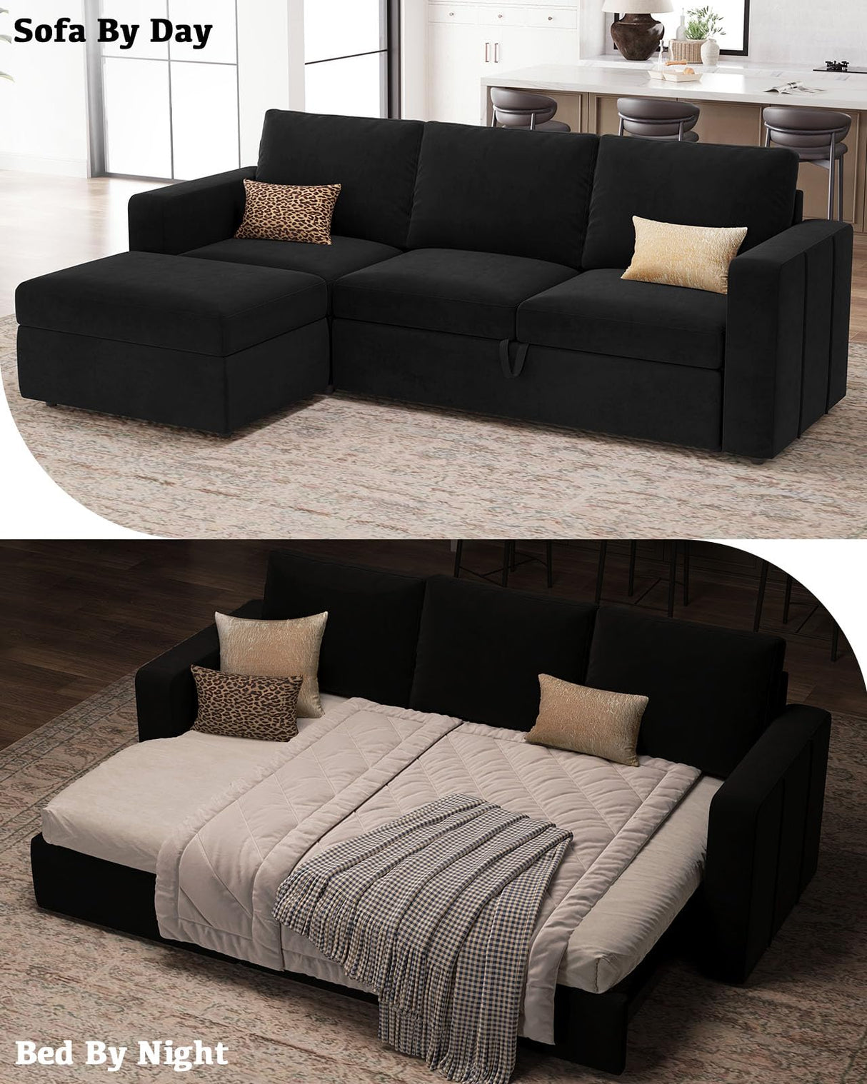 Belffin Modular Sectional Sleeper Sofa with Pull Out Couch, L Shaped Sleeper Pull Out Bed, Convertible Sectional Couches for Living Room, Black Belffin