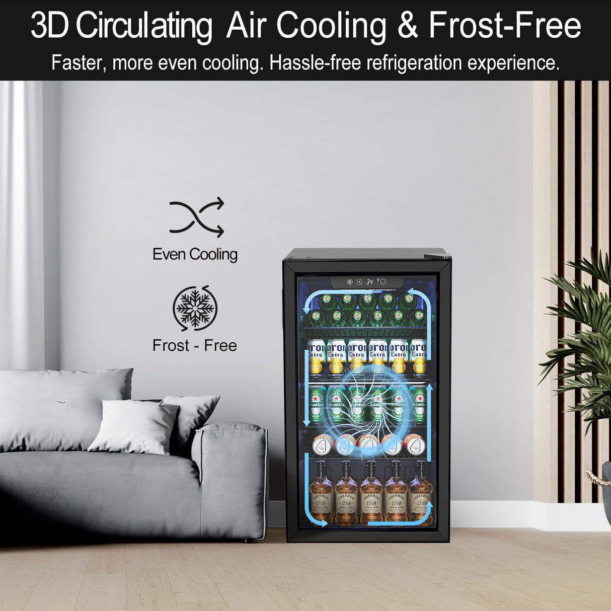 Feelfunn 3.2 Cu.Ft Mini Fridge with Glass Door - 126 Can Beverage Refrigerator Cooler for Drink Beer Wine Soda, Small Fridge for Bedroom Office Bar Dorm, 4 Adjustable Shelves, Black Feelfunn
