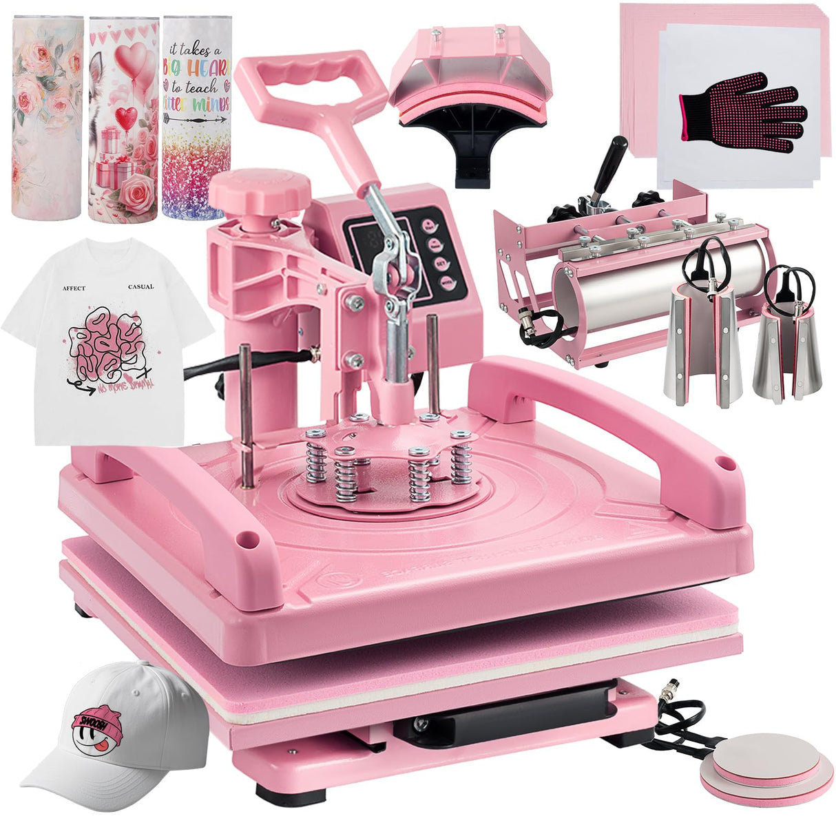 Leomru 8 in 1 Heat Press Machine 15x15 Inch, Heat Press Machine for T Shirts Hat Cap Mug Plate 360° Swing Away, Sublimation Heat Press Heat Transfer Machine W/ 30OZ Tumbler Press Pink Leomru
