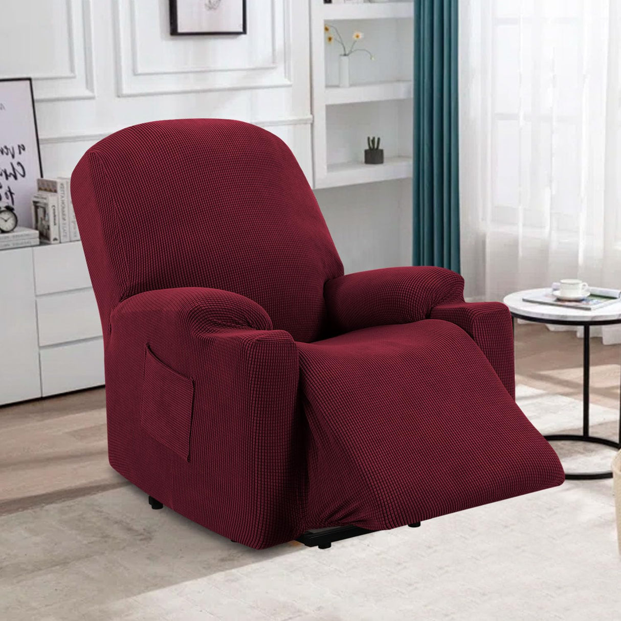 H.VERSAILTEX Stretch Couch Cover Recliner Cover Electric Power Lift Recliner Chair Cover Fitted Standard Large Power Lift Recliner with Side Pocket, Soft Thick Jacquard(Single Seat, Burgundy) H.VERSAILTEX