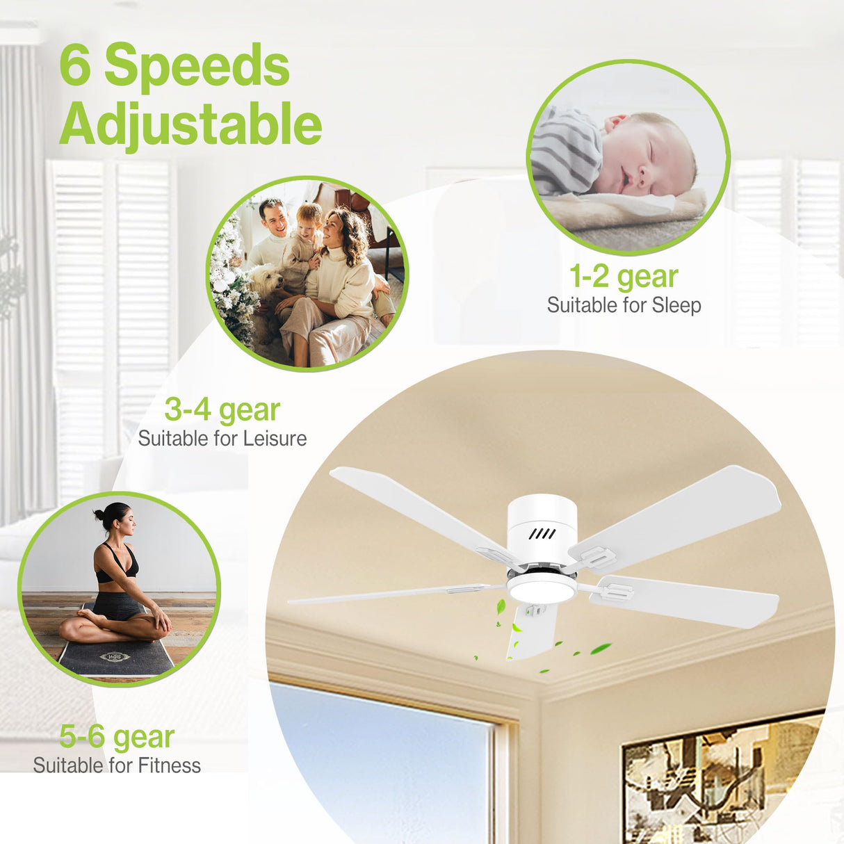 DAMINY 52 inch 5 Blades White Ceiling Fans with Lights,Flush Mount,6CCT, Low Profile Ceiling Fan with Light and Remote Control,DC Motor,Ceiling Fan for Bedroom, Kitchen,Living Room,Indoor/Outdoor Use DAMINY