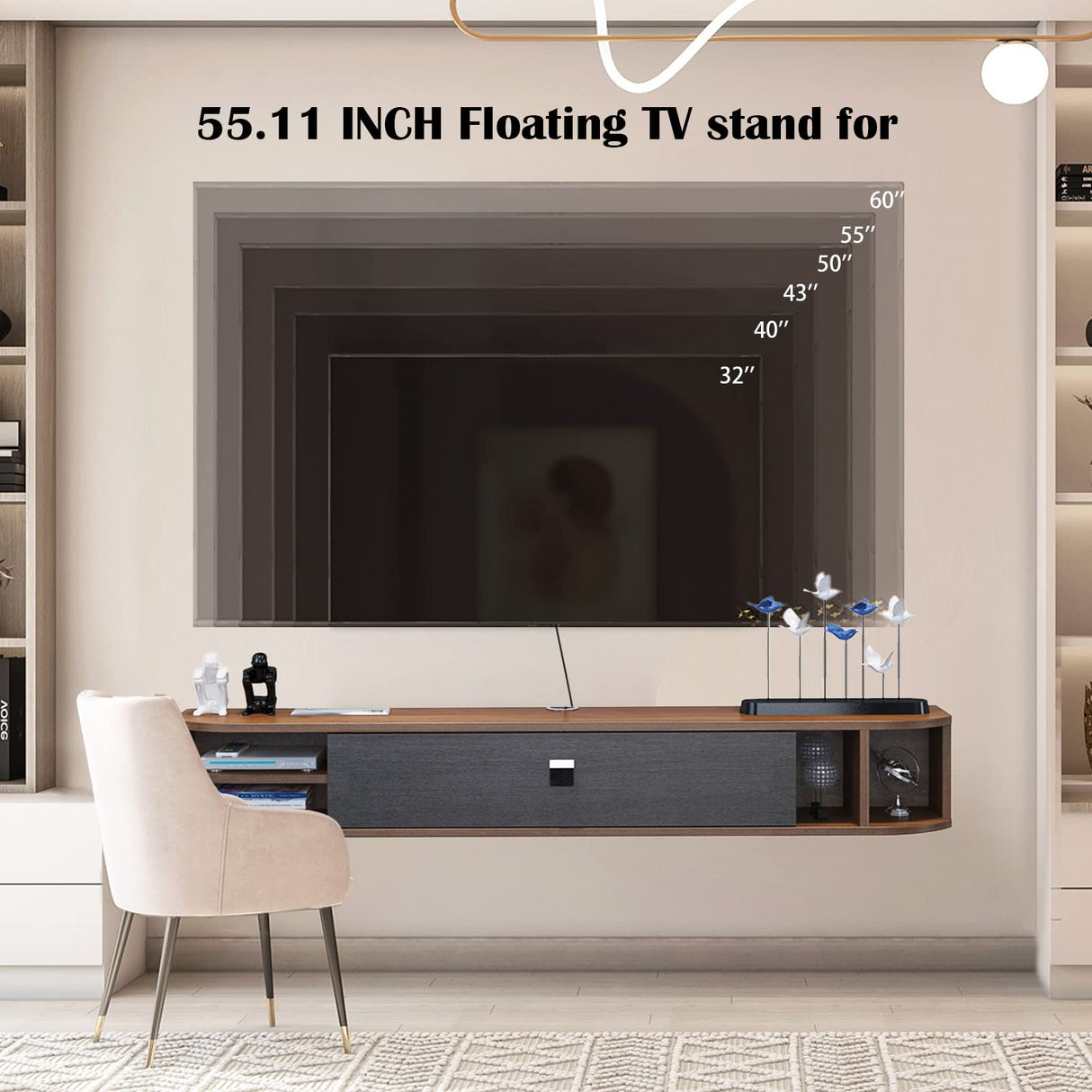 Pmnianhua Floating TV Stand,55'' Under TV Shelf,Modern Floating TV Console,Wall Mounted TV Cabinet, Entertainment Center with Storage for Bedroom Living Room(Walnut) Pmnianhua