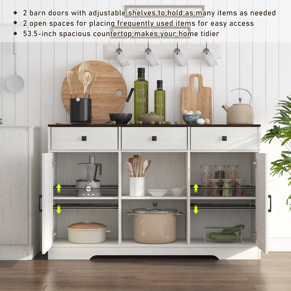 Hlivelood Farmhouse Coffee Bar Cabinet, 54" Kitchen Buffet Storage Cabinet with Drawers & Barn Doors, Sideboard Buffet Cabinet Coffee Bar for Dining Room, Living Room, Antique White Hlivelood