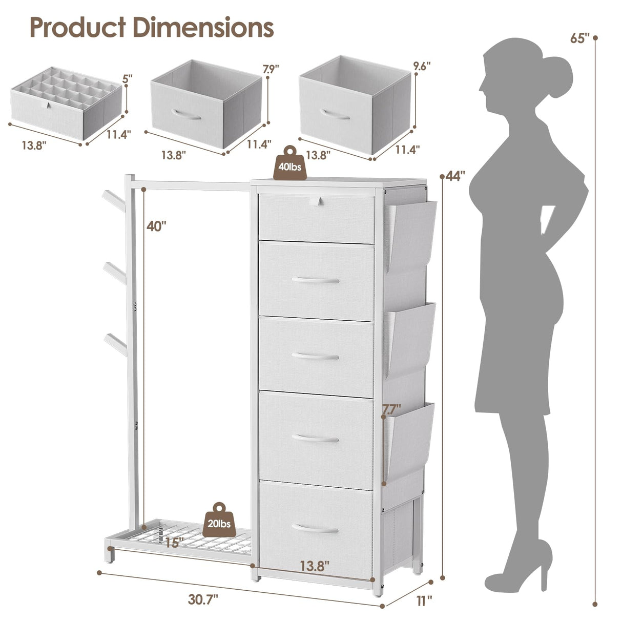Luxspire Dresser with Hanging Rack, Reversible Dresser for Bedroom with 5 Fabric Drawers & 3 Coat Racks & Side Pockets Small Dressers with Clothes Racks, White Luxspire