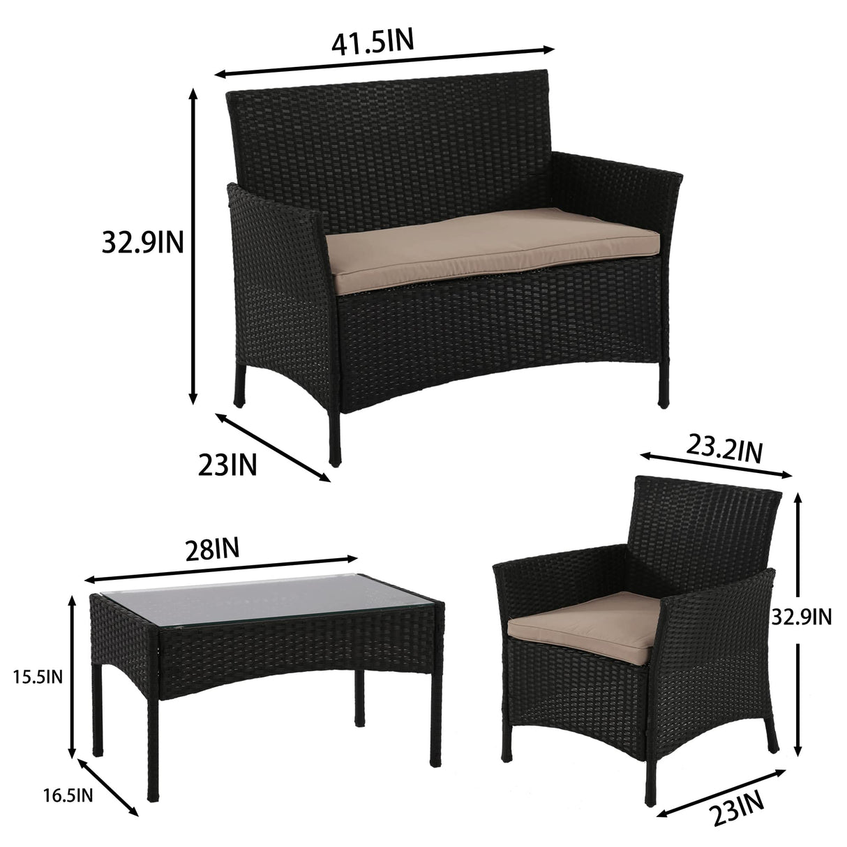 4 Pieces Patio Furniture Set Rattan Outside Furniture Wicker Sofa Garden Conversation Sets with Soft Cushion and Glass Table for Yard Pool or Backyard,Black PayLessHere