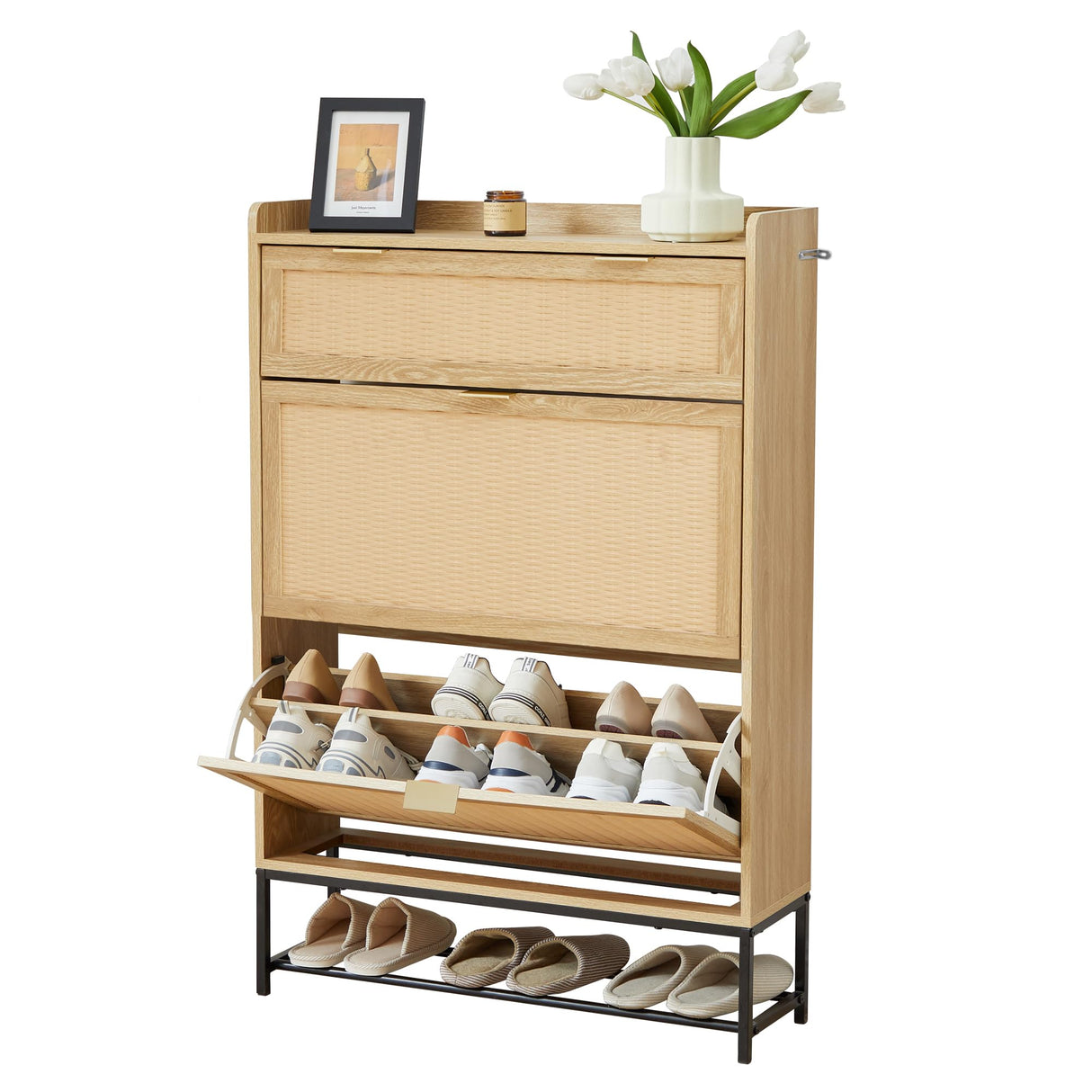 affeivul Hidden Shoe Cabinet for Entryway Slim, Free Standing Narrow Shoe Rack Cabinet Rattan Carving, 2 Flip Drawer Shoe Storage Organizer Cabinet for Closet,Door,Dorm,Garage,Small Spaces - Natural affeivul