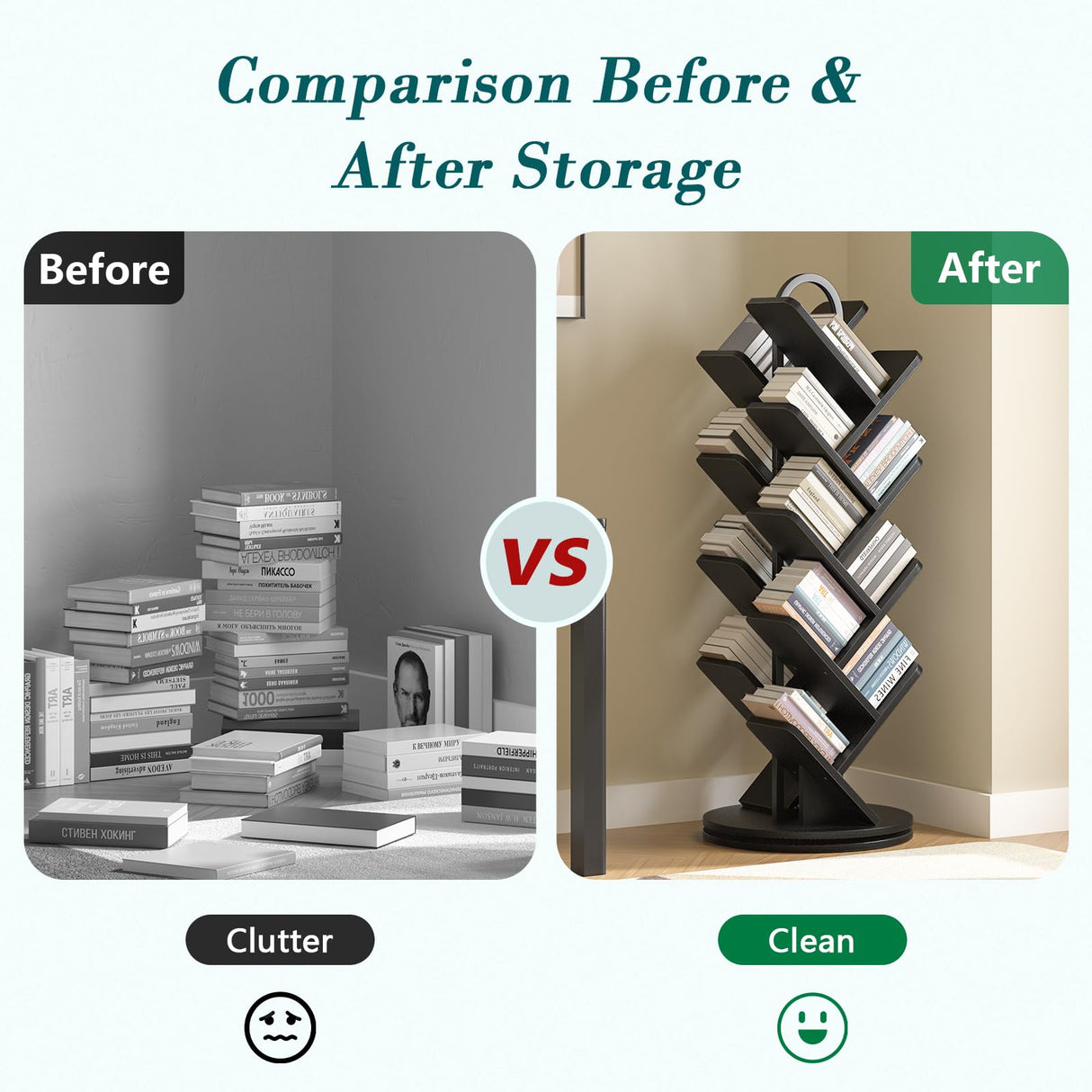 TVU 18-Tier Tree Rotating Bookshelf, 360 Degree Spinning Standing Bookcase for Magazines DVDs Books, Corner Bookcase for Living Room Bedroom Study (Black) TVU