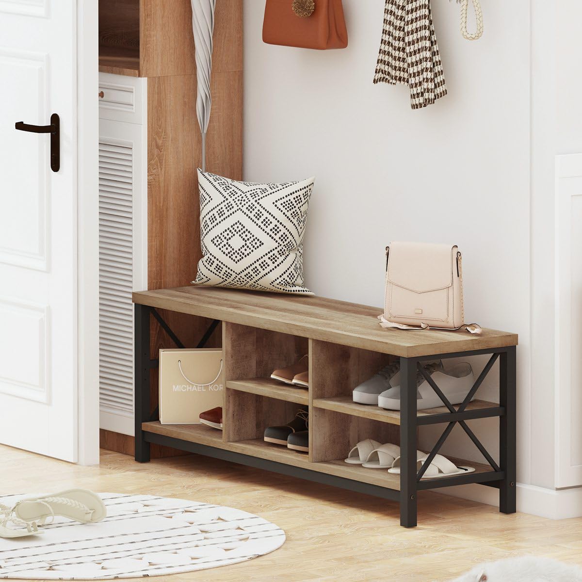 FATORRI Shoe Bench Entryway with Storage, Industrial Wood and Metal Hallway Benches with Adjustable Shelves, Rustic Entry Way Bench for Living Room (47.24 Inch Long, Rustic Oak) FATORRI