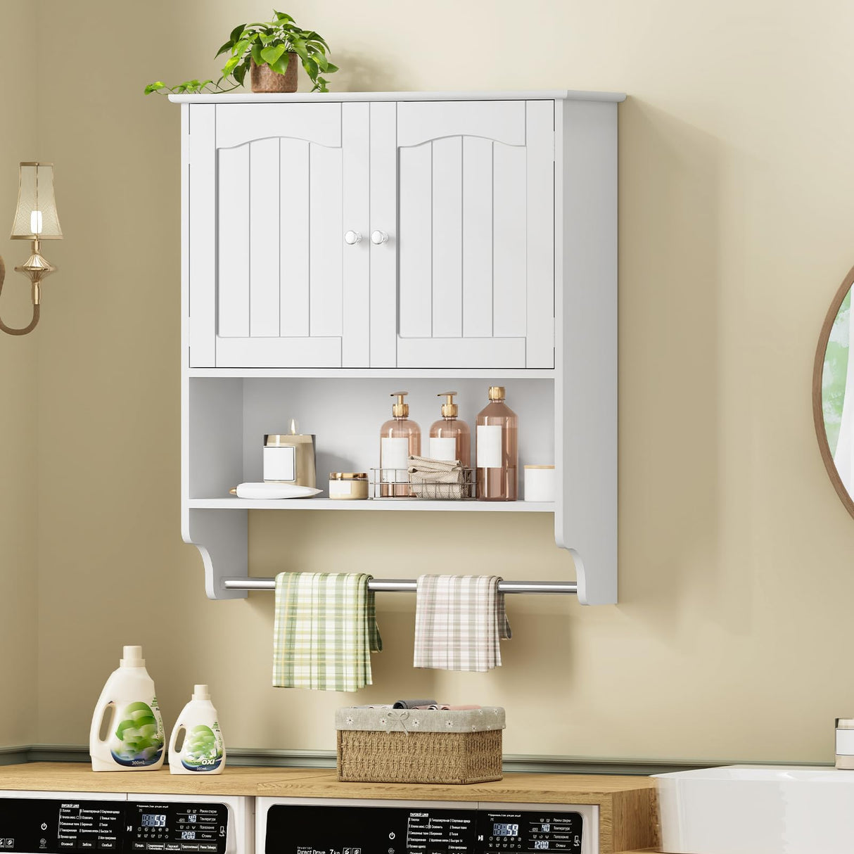 Iwell Bathroom Cabinet Wall Mounted with Towel Rack & Adjustable Shelf, Over The Toilet Storage Cabinet, Medicine Cabinet for Bathroom, White YSG005B Iwell