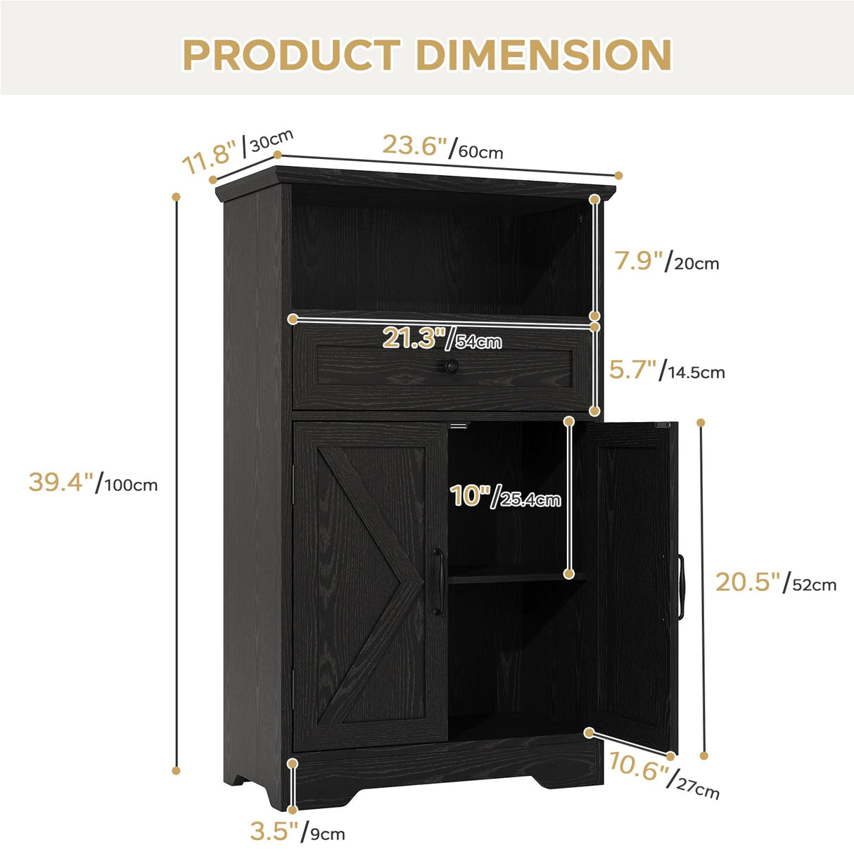Viroformo Floor Cabinet, Farmhouse Storage Cabinet with Barn Doors and Drawer, 11.81" D x 23.62" W x 39.37" H Black Freestanding Adjustable Shelf Organizer for Bathroom, Kitchen, Living Room Viroformo