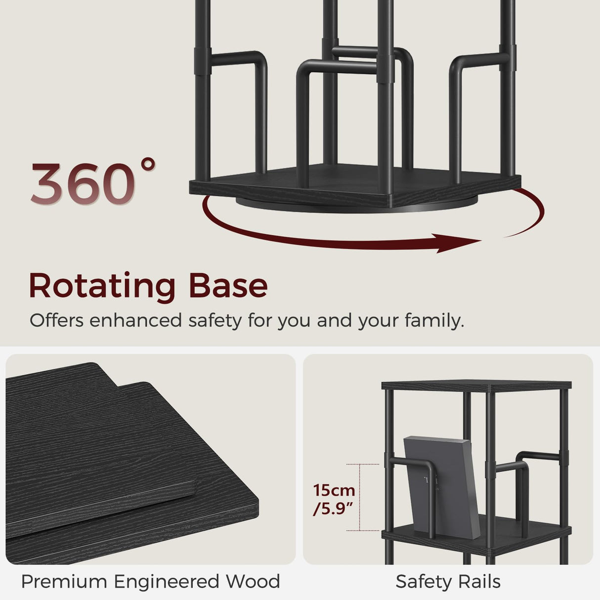 MAHANCRIS 5-Tier Rotating Bookshelf, Freestanding Corner Bookshelf, 360° Spinning Bookcase, Industrial Style Storage Rack with Rails, for Living Room, Bedroom, Study, Black BKBK1601 MAHANCRIS