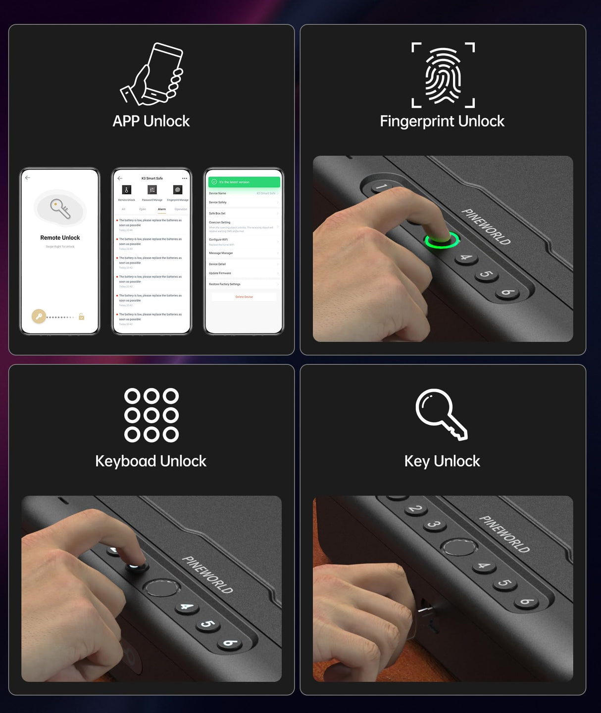 PINEWORLD Gun Safe, Biometric Gun Safes For Handgun, Pistol Safe With Fingerprint or Keypad, 4-Quick Access Unlock Gun Case for Firearm, Gun Lock Box For Nightstand Beside with APP Normal Size PINEWORLD