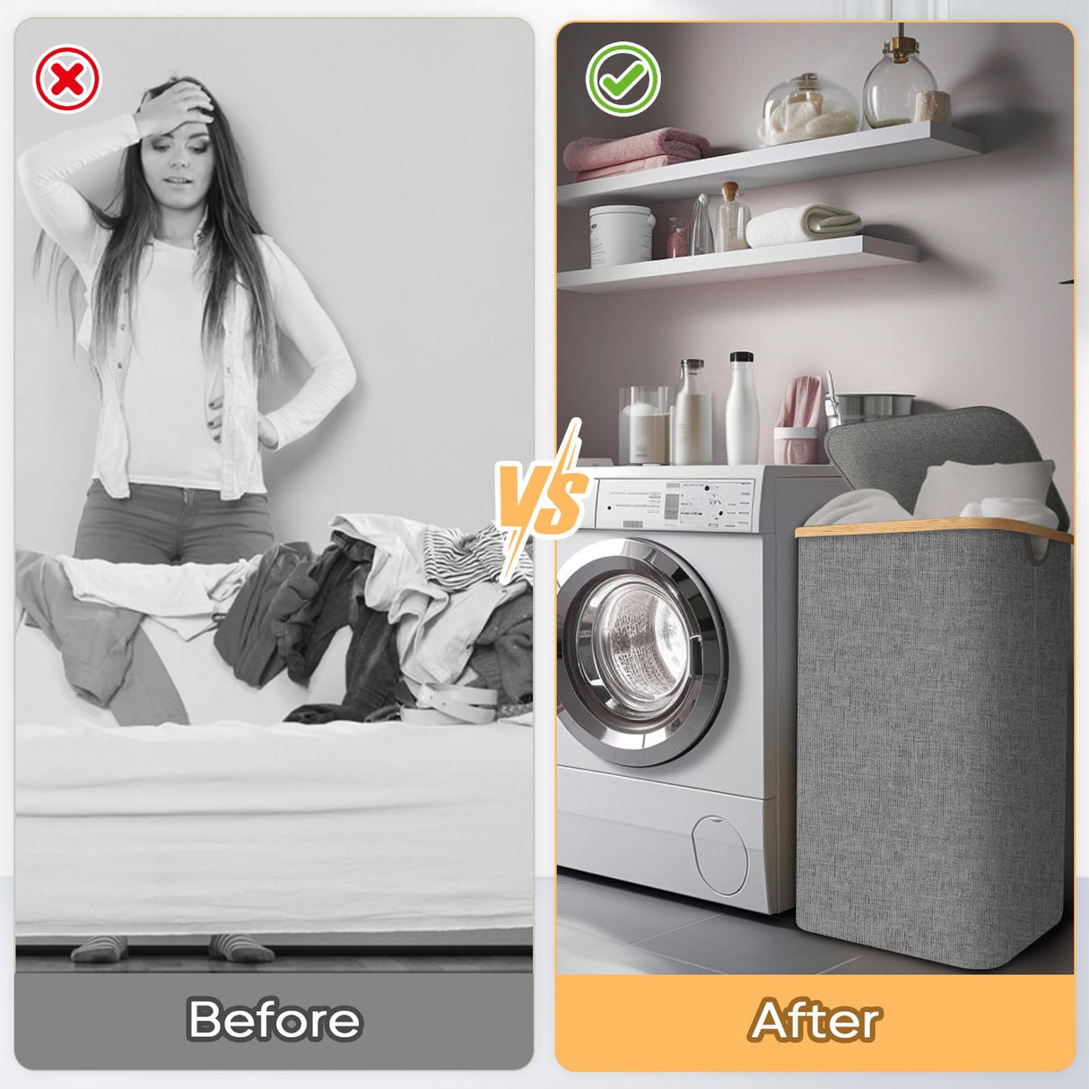 BALEINE Laundry Hamper with Lid, Tall Laundry Baskets with Bamboo Pull Handles, Large Laundry Bin with Internal Support (26 Gal/100L, Beige) BALEINE