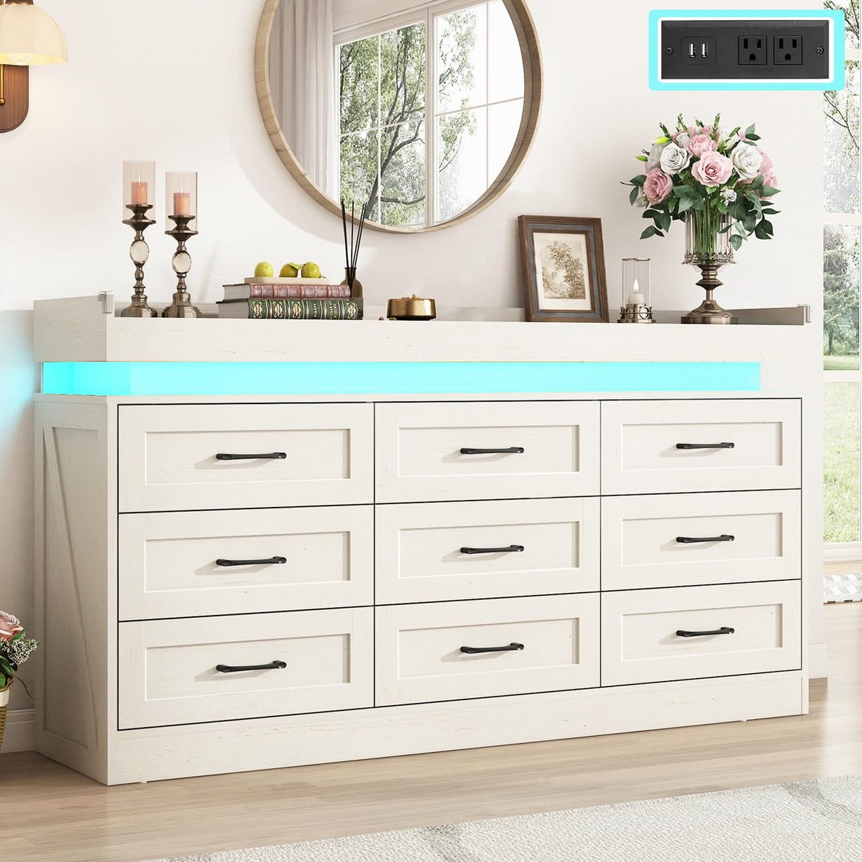 Hlivelood Large Farmhouse 9 Drawers Dresser for Bedroom with LED Light and Power Outlets,63" Wide Wood Rustic 9 Chests of Drawers for Closet,Tall Storage Dresser Organizer for Bedroom(Antique White) Hlivelood