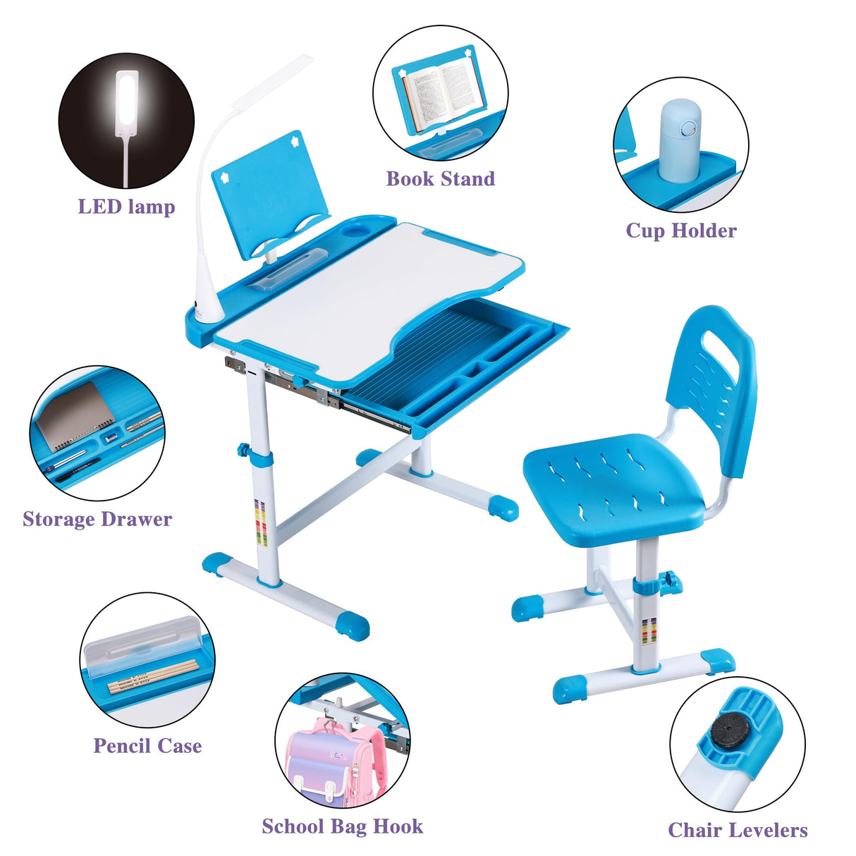 UNICOO® Kids Study Table and Chair Set, Height Adjustable Kids Art Desk, Ergonomic Study Desk for Kids, w/LED Lamp, Tilt Desktop, Pull Out Drawer - Kids Table and Chairs, Toddler Table and Chair Set UNICOO