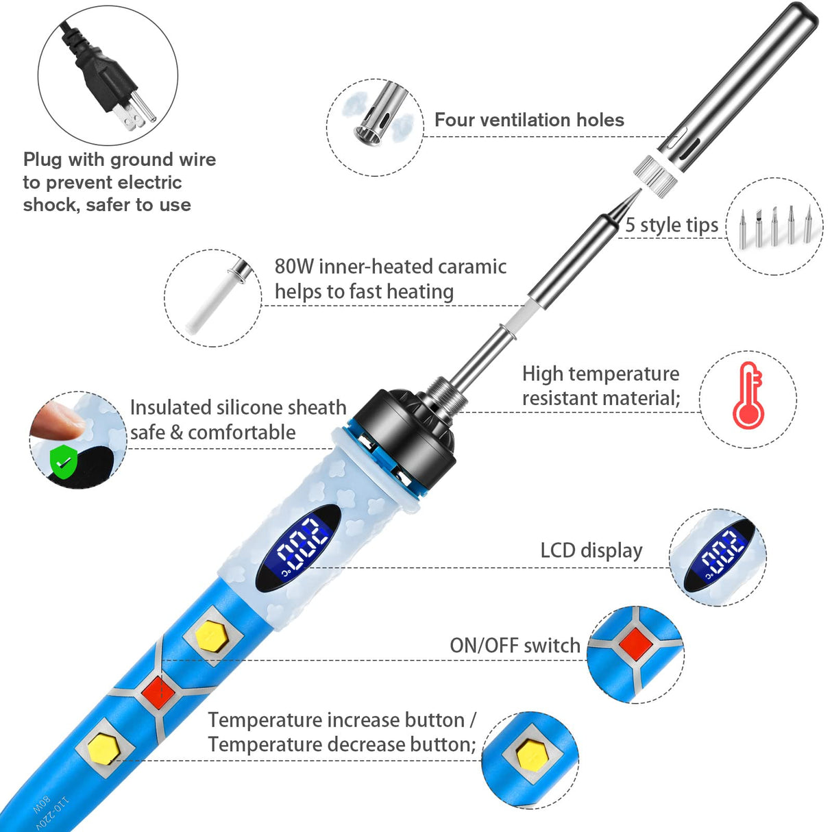 Soldering Iron Kit,80W LCD Screen Soldering Iron, Portable Digital Electronics Soldering Gun with Adjustable Temperature, Welding Tools with Fast Heating Ceramic Thermostatic Design KLARYTYMA