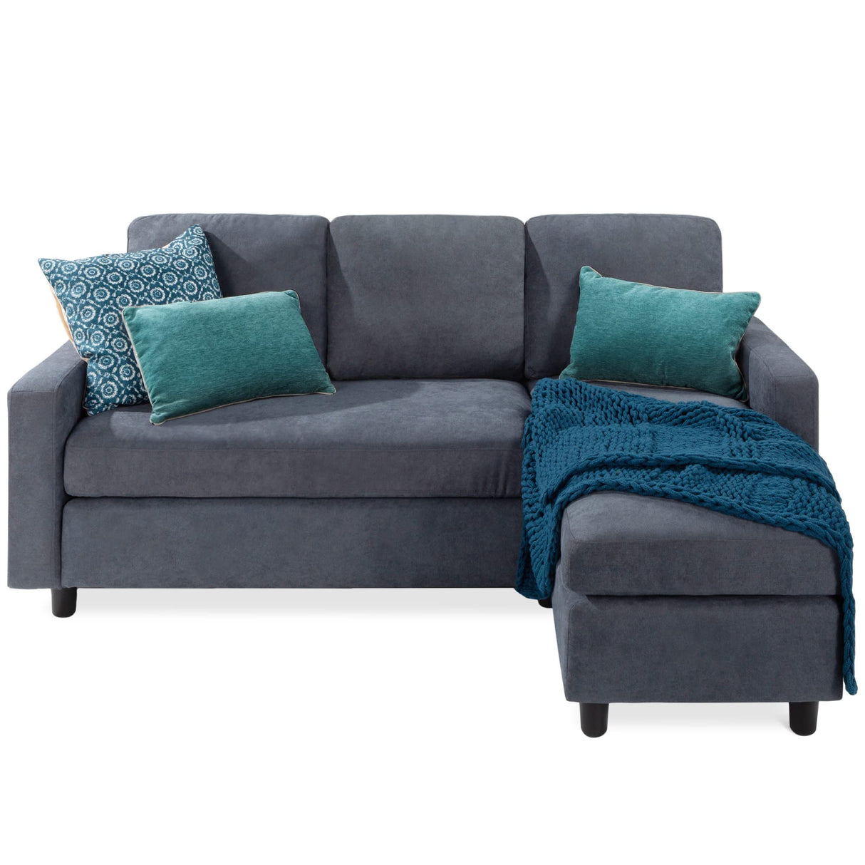 Best Choice Products Upholstered Sectional Sofa for Home, Apartment, Dorm, Bonus Room, Compact Spaces w/Chaise Lounge, 3-Seat, L-Shape Design, Reversible Ottoman Bench, 680lb Capacity - Blue/Gray Best Choice Products