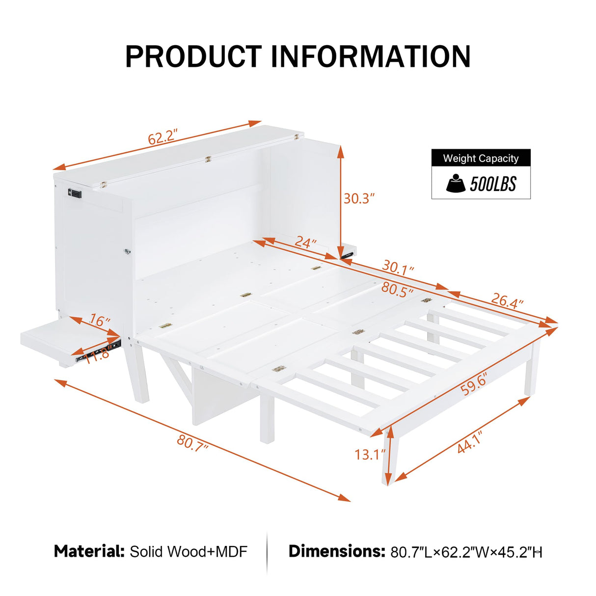 Merax Queen Murphy Bed with USB Port, Queen Murphy Cabinet, Space Saving, Solid Wood, White Merax