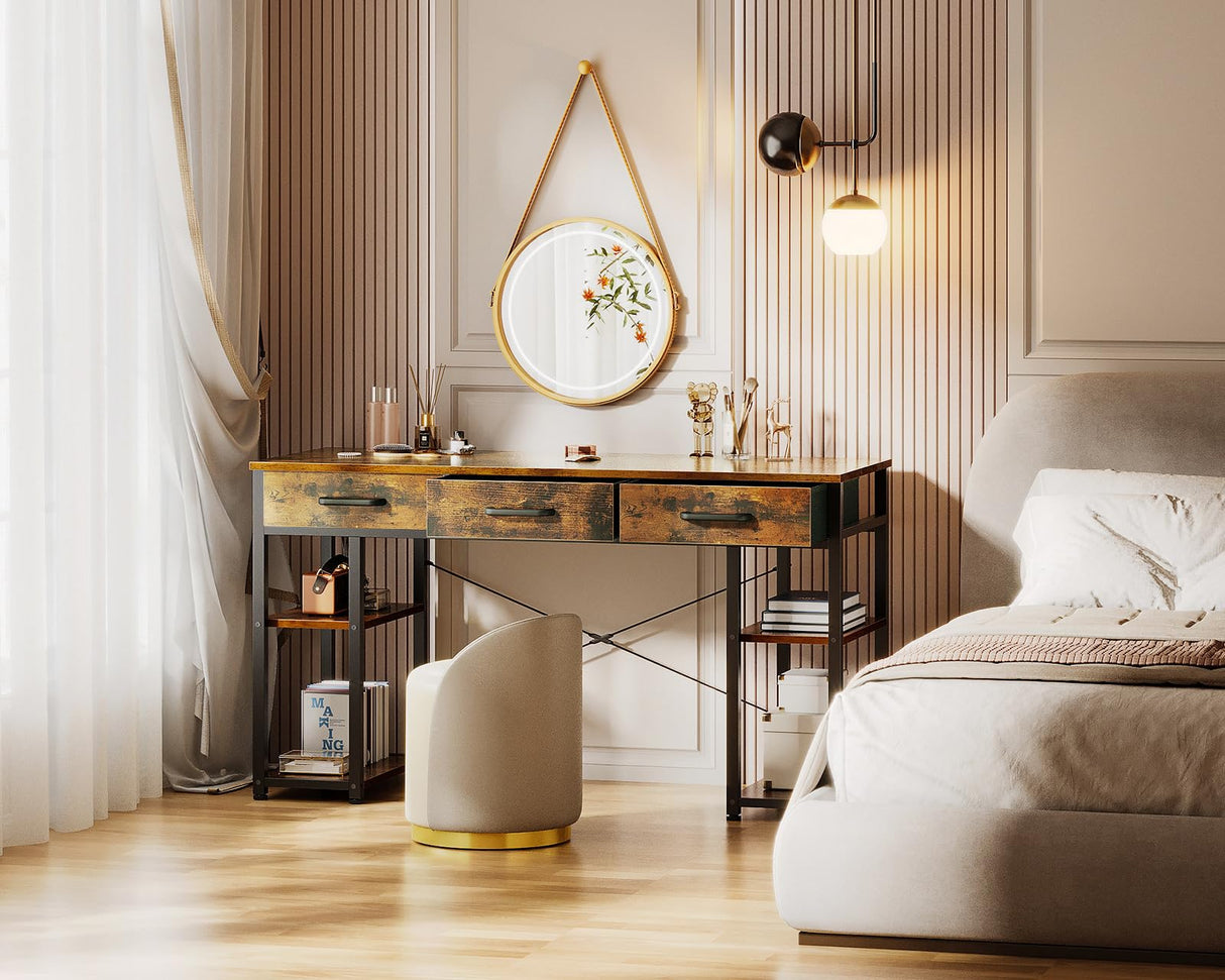 ODK Vintage Small Computer Desk with Fabric Drawers and Storage Shelves - Modern Writing Table, 48"x16" ODK