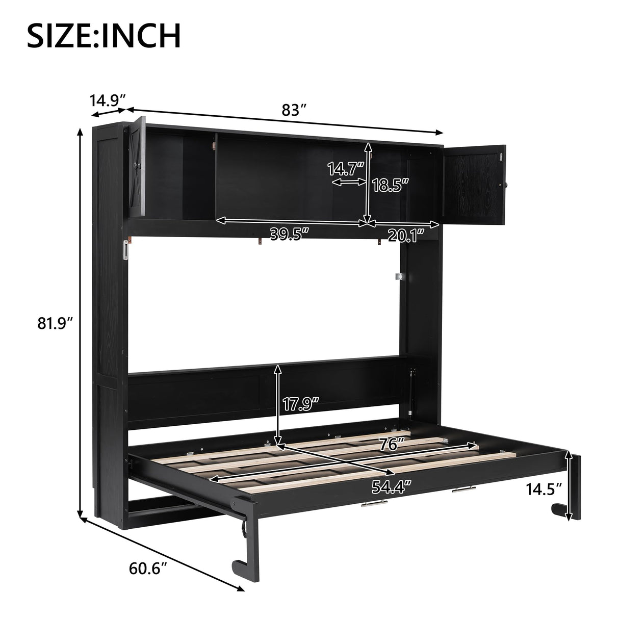 TCMILA Full Size Murphy Cabinet Bed with Storage Shelf and Cabinet Built-in Door, Folded Horizontal Murphy Hidden Dresser Bed, No Box Spring Needed, Black TCMILA