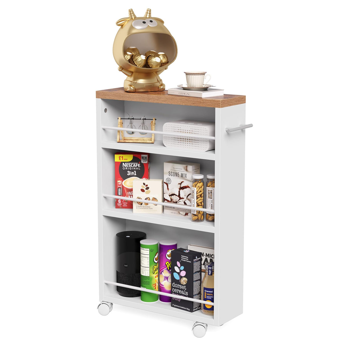 LITTLE TREE 4 Tier Rolling Cart with Wheels, 6.3 Inch Slim Storage Cart, Wooden Snack Cart with Narrow Shelf, White Laundry Room and Bathroom Organizer Shelves LITTLE TREE