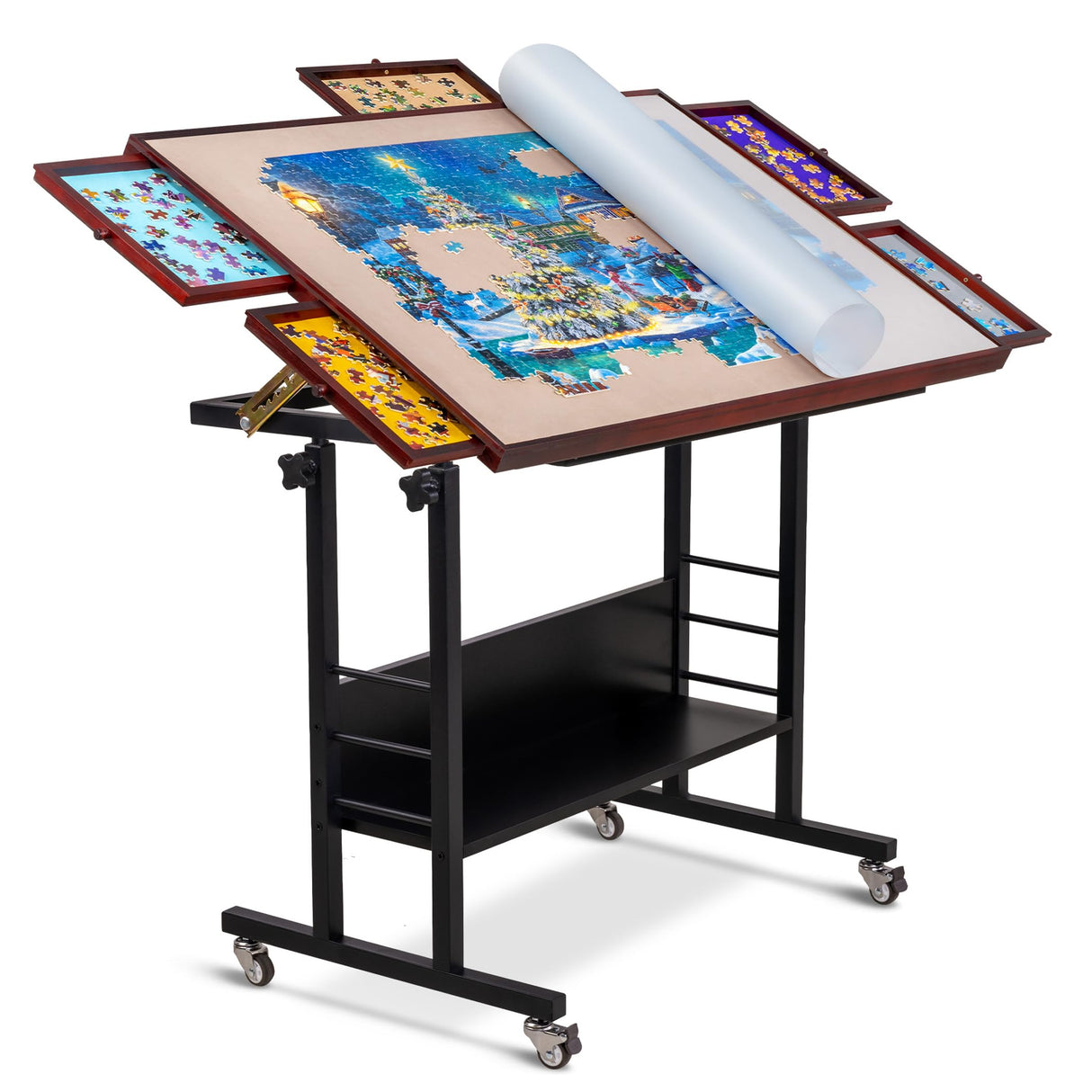 Becko US 1500 Piece Tilting Puzzle Table with 5 Drawers & Cover, Adjustable Puzzle Board with 5 Tilt Angle & Height Adjustment, Portable Jigsaw Tables for Adults, Easy to Move, for 1500 Piece Puzzles Becko US