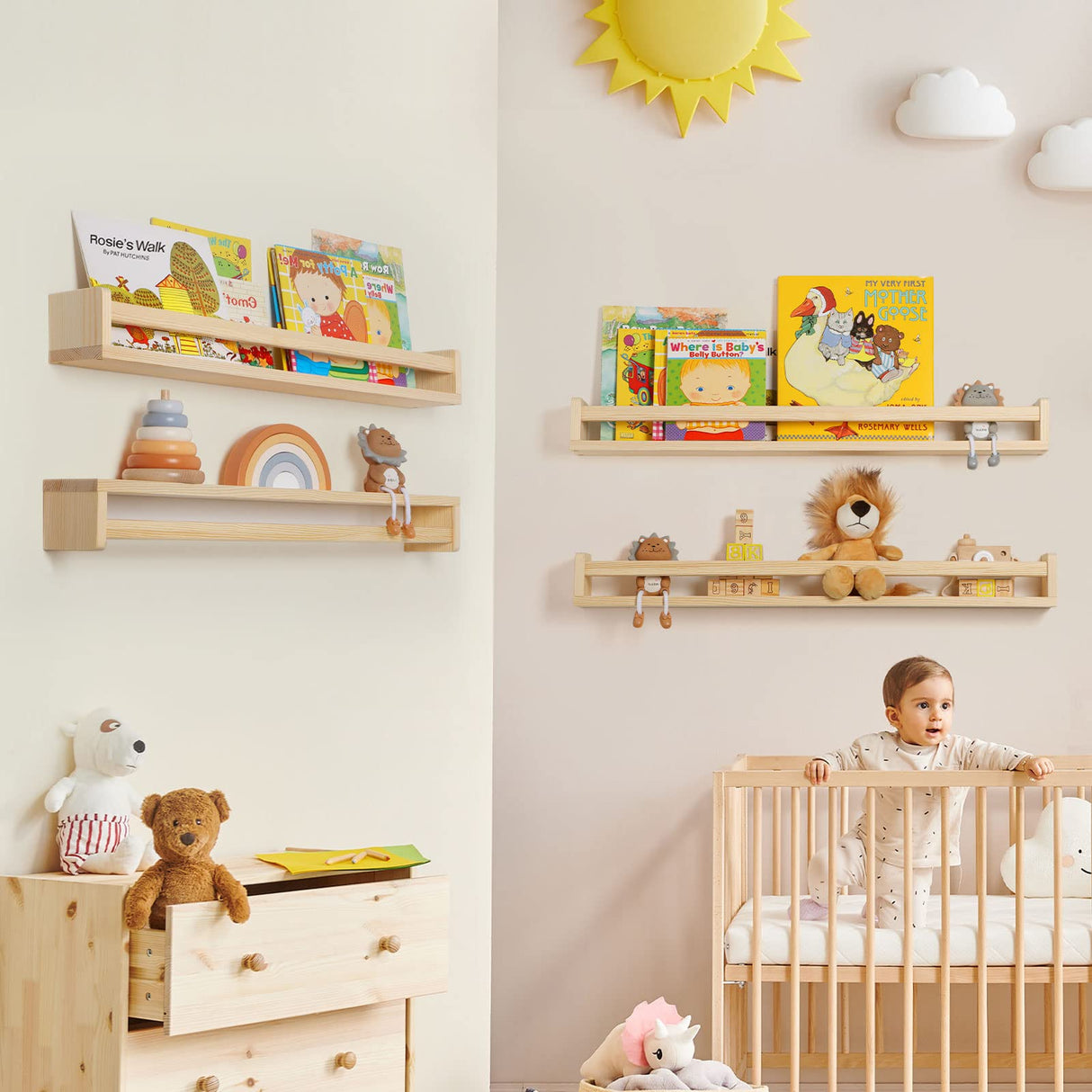 Fun Memories Nursery Book Shelves - Rustic Natural Solid Wood Floating Bookshelf for Kids - Wall Book Shelves for Kids Room (Natural, 32inch - 2P) Fun Memories