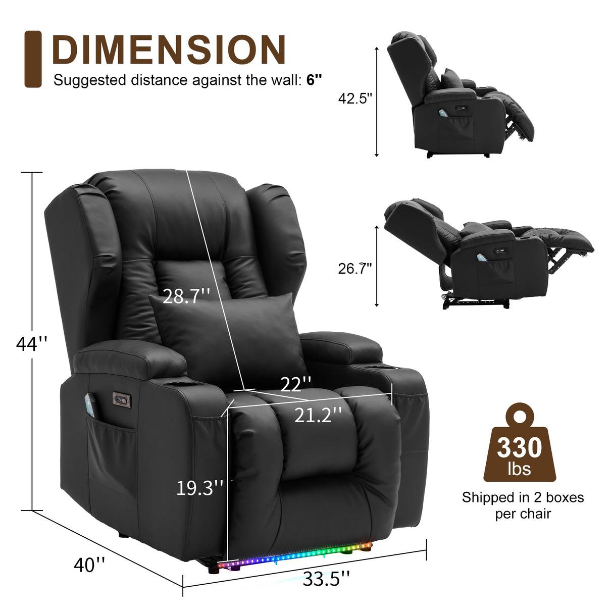DRMBOOK Power Recliner Chair, Electric Wall Hugger Reclining Sofa with Massage & Heat, Overstuffed Theater Seating with LED/USB Port/Cup Holders for Living Room (Leather Black, 1 Chair) DRMBOOK