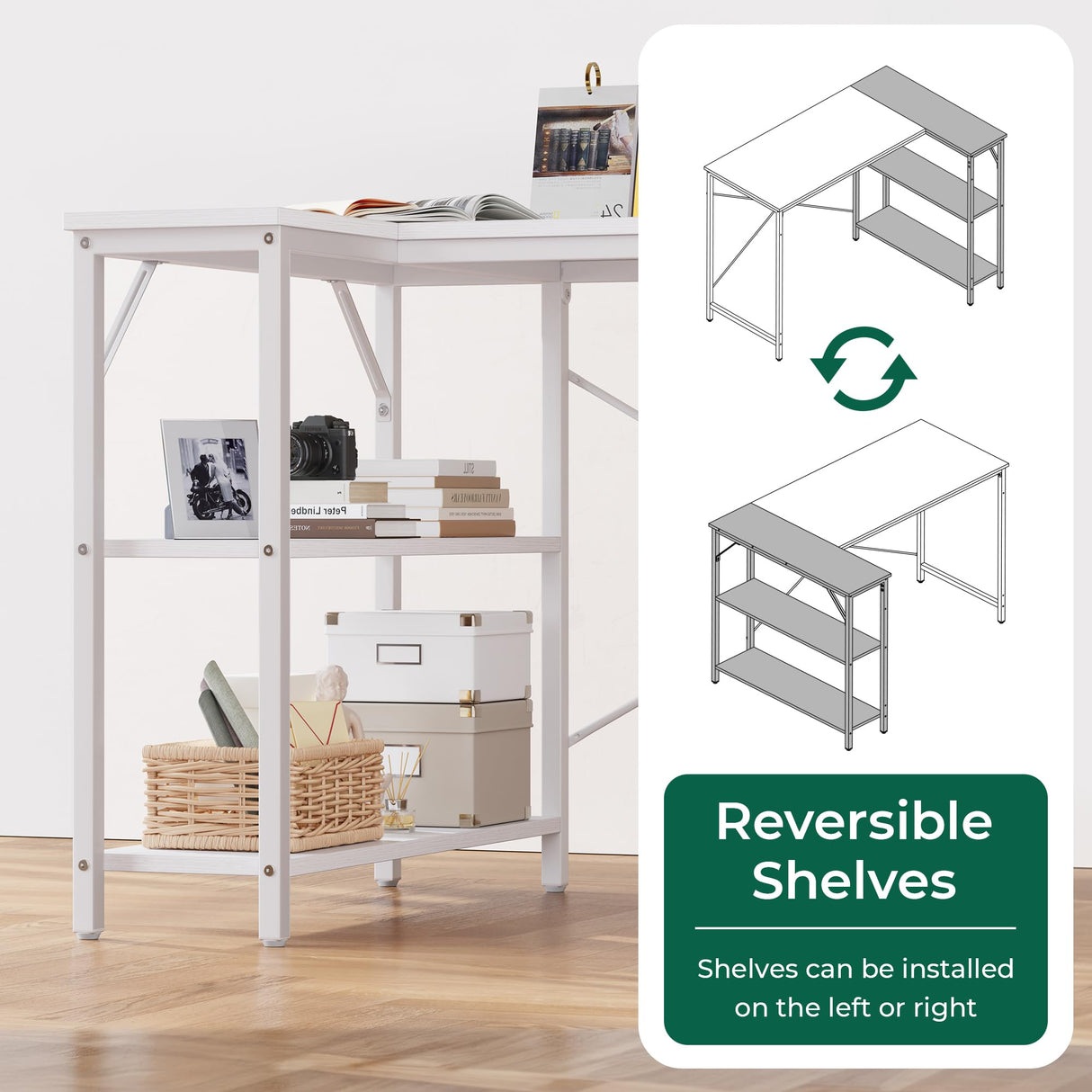 Huuger L Shaped Desk, 47 Inches Computer Desk with Reversible Storage Shelves, Gaming Desk, Corner Desk Home Office Desks, Writing Desk Study Desk with Metal Frame, White Huuger