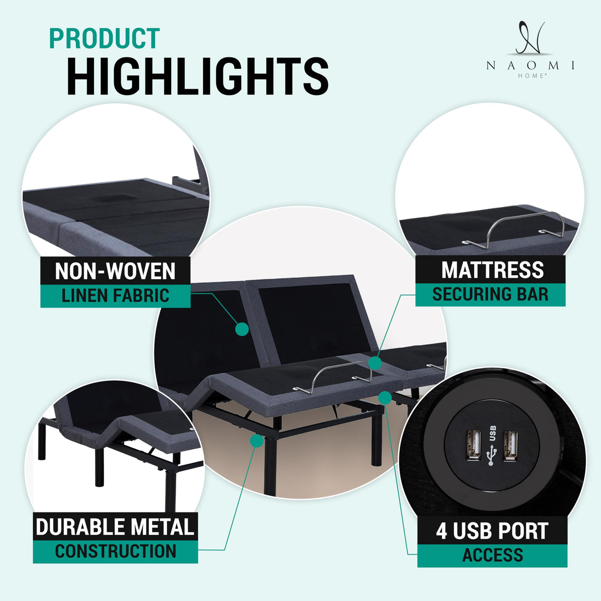 Naomi Home Idealbase Split King Adjustable Bed Frame with Lumbar Support Head Tilt Foot Incline Back Leg Massage USB Ports Massage Bed with Wireless Remote Ergonomic Zero - Gravity Smart Naomi Home