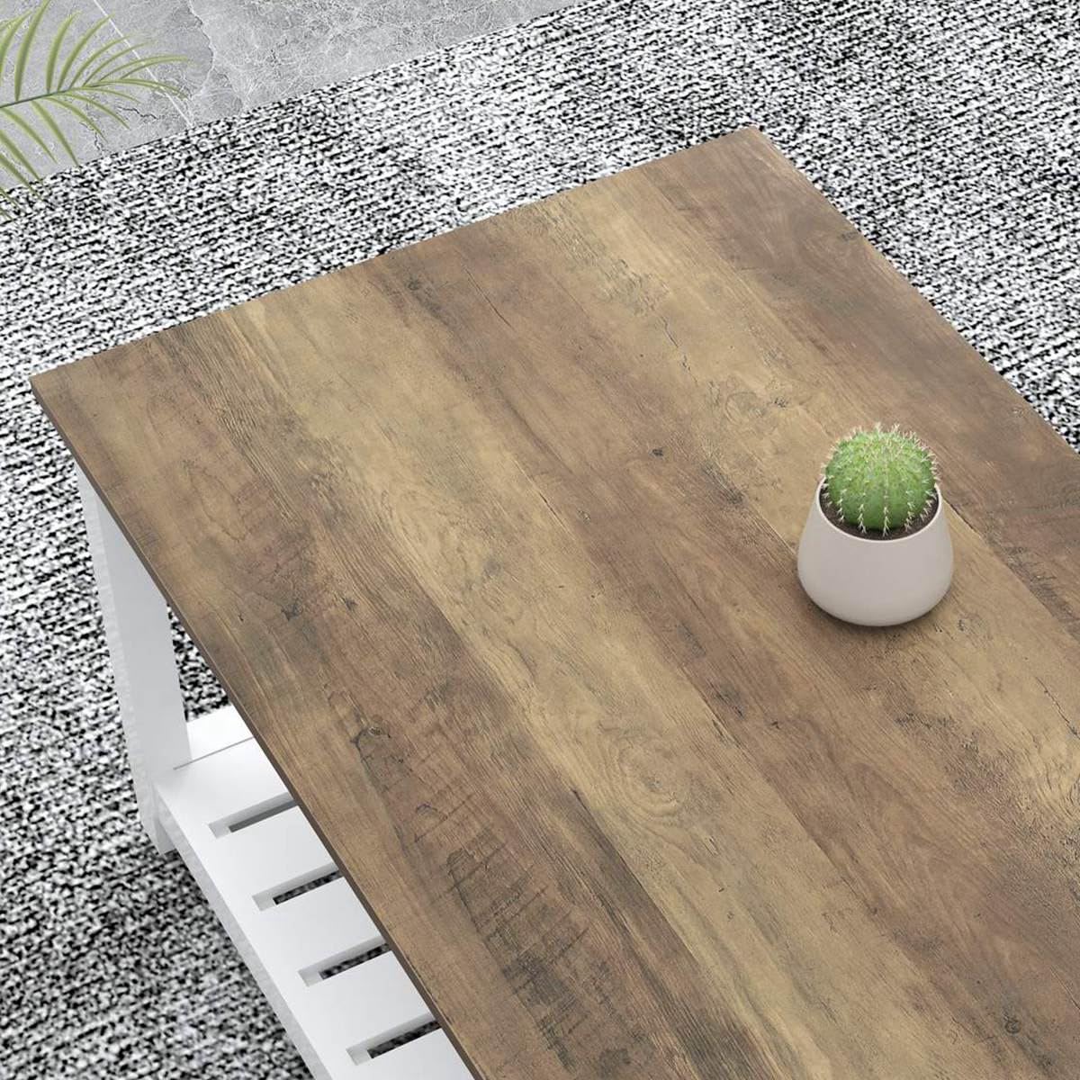 FOLUBAN Farmhouse Coffee Table with Storage Shelf, Rustic Vintage Wood Cocktail Table for Living Room, White FOLUBAN