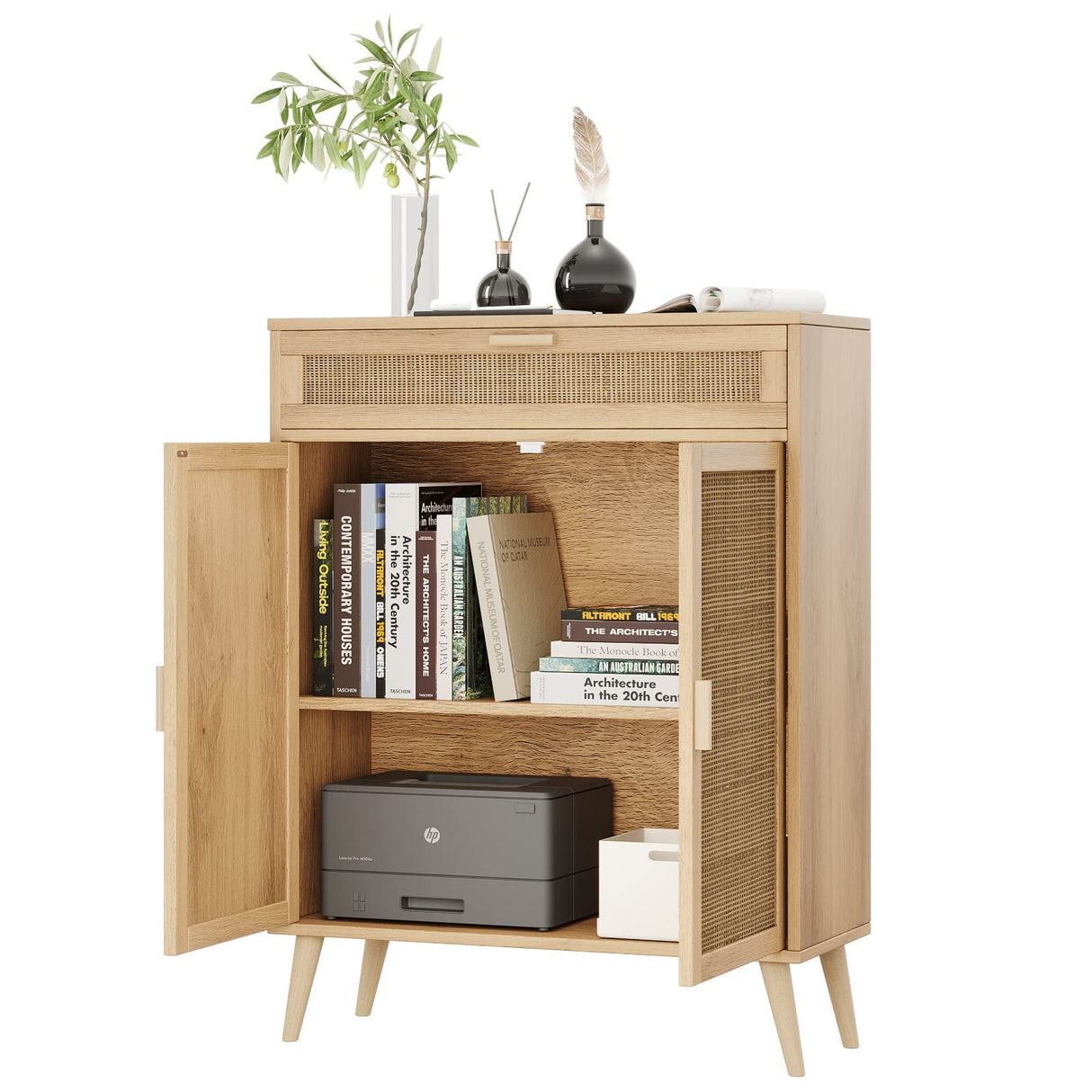 Rovaurx Accent Floor Storage Cabinet with Rattan Doors, Bathroom Cabinet with Large Drawer, Freestanding Storage Cabinet Organizer, Natural BMGZ107M Rovaurx