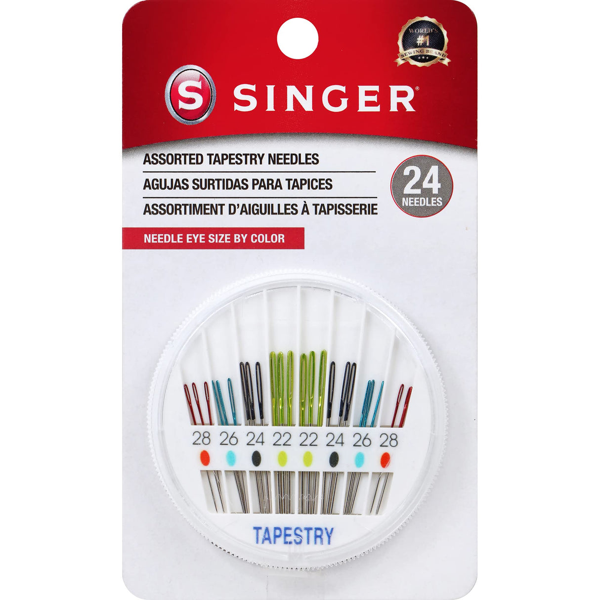 SINGER Tapestry Needles in Dial Compact, Assorted Sized Sewing Needles, Sizes 22, 24, 26, 28, Set of 24 SINGER