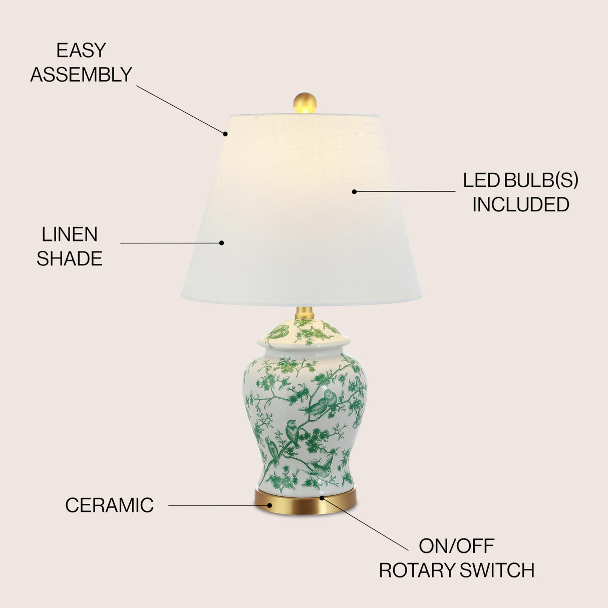 JONATHAN Y JYL3005B Penelope 22" Chinoiserie Classic LED Table Lamp Cottage Traditional Bedside Desk Nightstand for Bedroom Living Room Office College Bookcase LED Bulb Included, Green/White JONATHAN Y