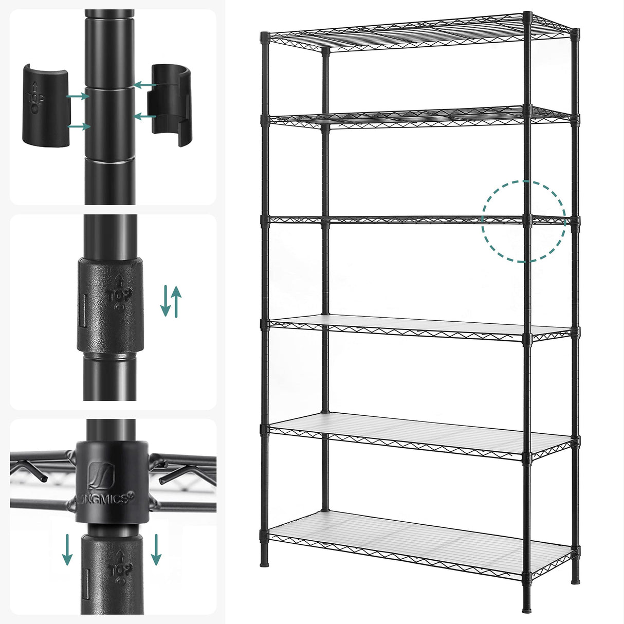 SONGMICS 6-Tier Storage Shelves, Wire Shelving Unit, Kitchen Metal Shelves, Storage Rack with Adjustable Shelves, Shelf Liners, 8 Hooks, for Garage, 13.8 x 35.4 x 69.7 Inches, Black ULGR096B01 SONGMICS