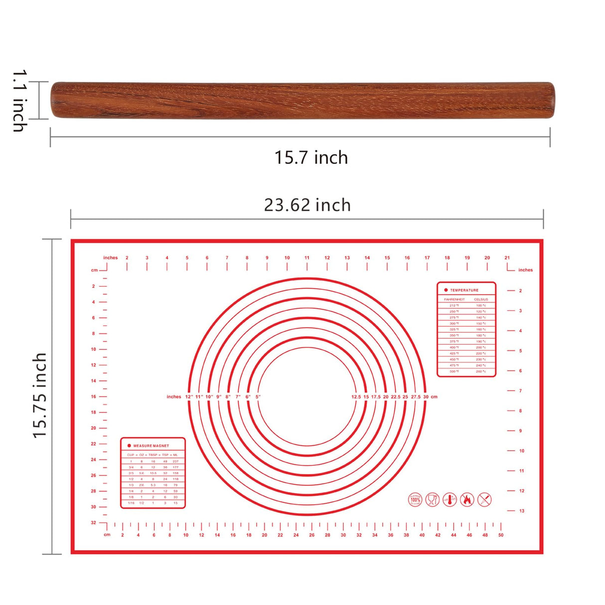 Wood Rolling Pin for Dough, Vinoil French Rolling Pins for Baking with Slicone Baking Mat Set, Dough Roller for Baking Fondant Pizza Pasta Pies Cakes Bread and Cookies, 16 Inch Rosewood Vinoil