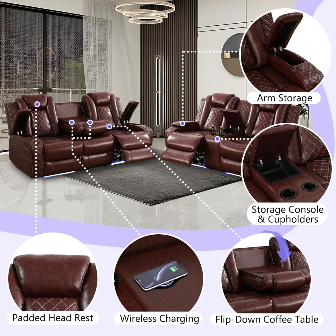 Anthato Leather Power Recliner Sofa Set, 2 Piece Reclining Sofa and Loveseat Set, Reclining Loveseat Couch Recliner Sets with Coffee Table, Living Room Furniture for House/Home Theater, Burgundy Red Anthato