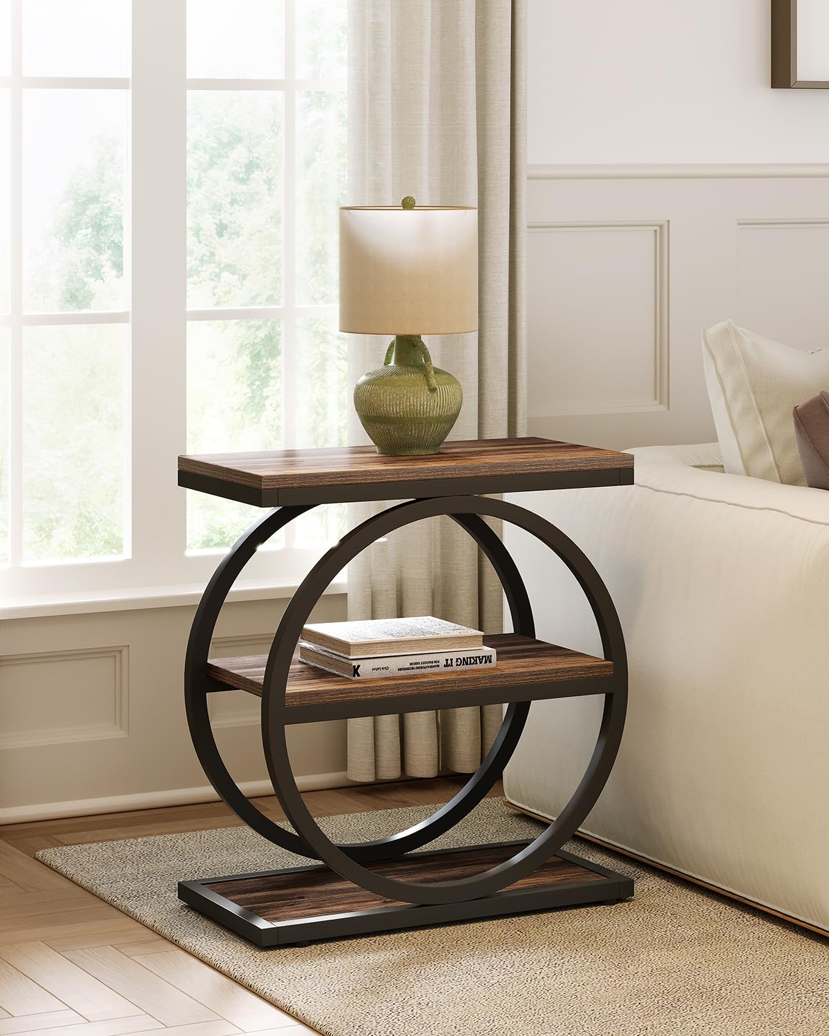 LITTLE TREE End Table, 3-Tier Side Table, Slim Sofa Side Table for Living Room, Tall Bedside Table Nightstand for Bedroom, Rustic Brown and Black LITTLE TREE