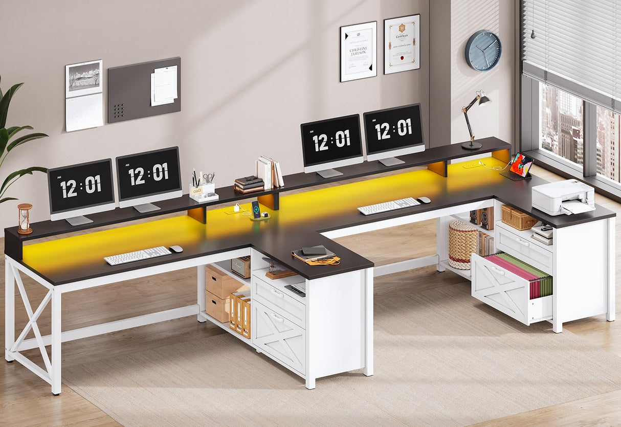 SEDETA Corner Computer Desk, 55" Corner Gaming Desk with Drawers, LED Lights and Power Outlet, Farmhouse L Shaped Office Desk with File Drawer, Storage Shelves and Monitor Shelf, Black SEDETA