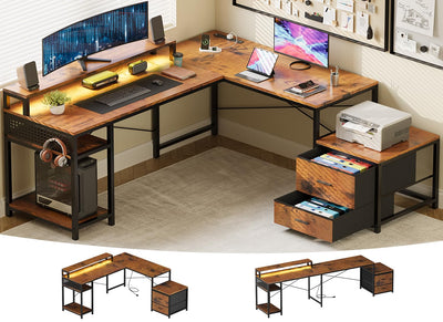 OtterOasis 66" L Shaped Desk with Drawer, 113" 2 Person Desk with Printer Stand, Large Convertible L Shape Gaming Desk with Power Outlet, Computer Desk with Led Light for Home Office, Rustic Brown