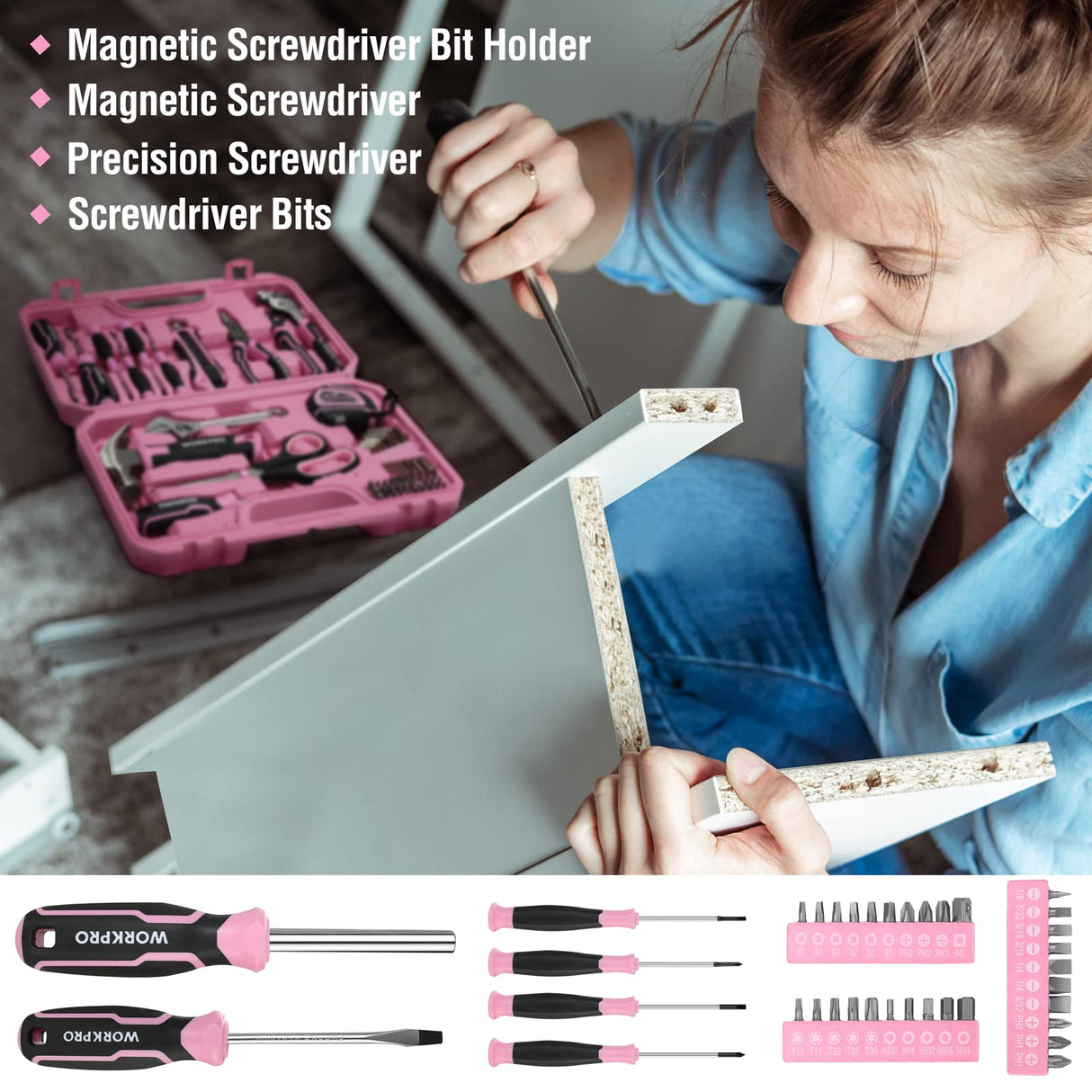 WORKPRO 52-Piece Pink Tools Set, Household Lady Tool Kit with Storage Toolbox, Basic Tool Set for Home, Garage, Apartment, Dorm, New House, Back to School, and as a Gift WORKPRO