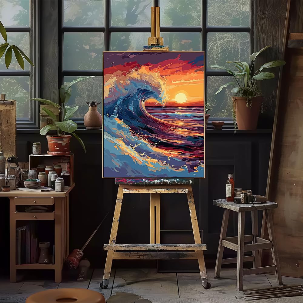 Natuyalo Paint by Numbers for Adults - DIY Adult Paint by Number Kits Painting on Canvas Sea Wave Painting by Numbers for Beginners, Sunset Seascape Art Craft Kits for Adults (16x20 Inch) Natuyalo