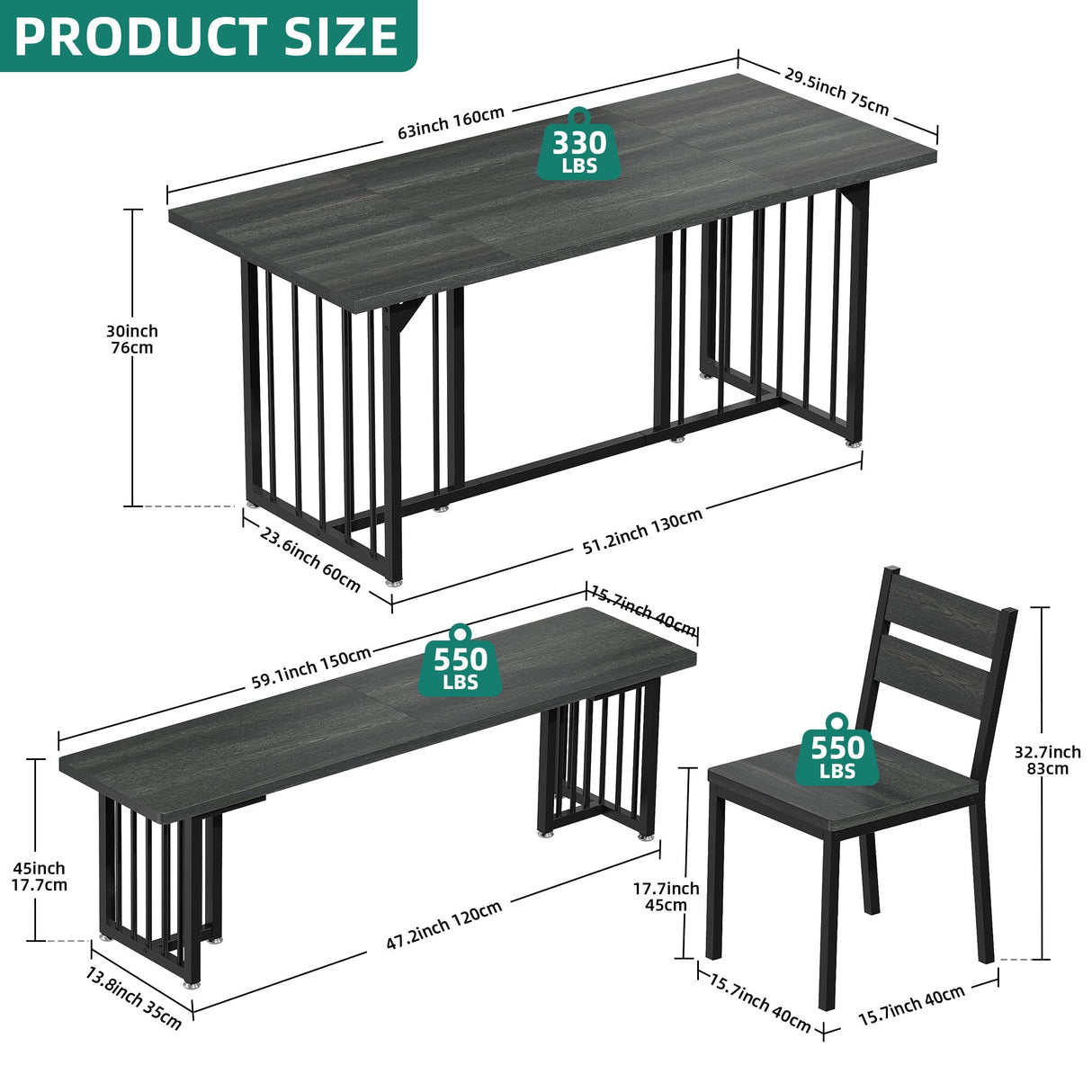 YITAHOME 6-Piece Dining Table Set for 6-8 People, 63 Inch Kitchen Table Set with 4 Chairs and 2 Benches, Farmhouse Rectangular Dining Room Table Set for Kitchen Apartment Saving Space, Dark Grey YITAHOME