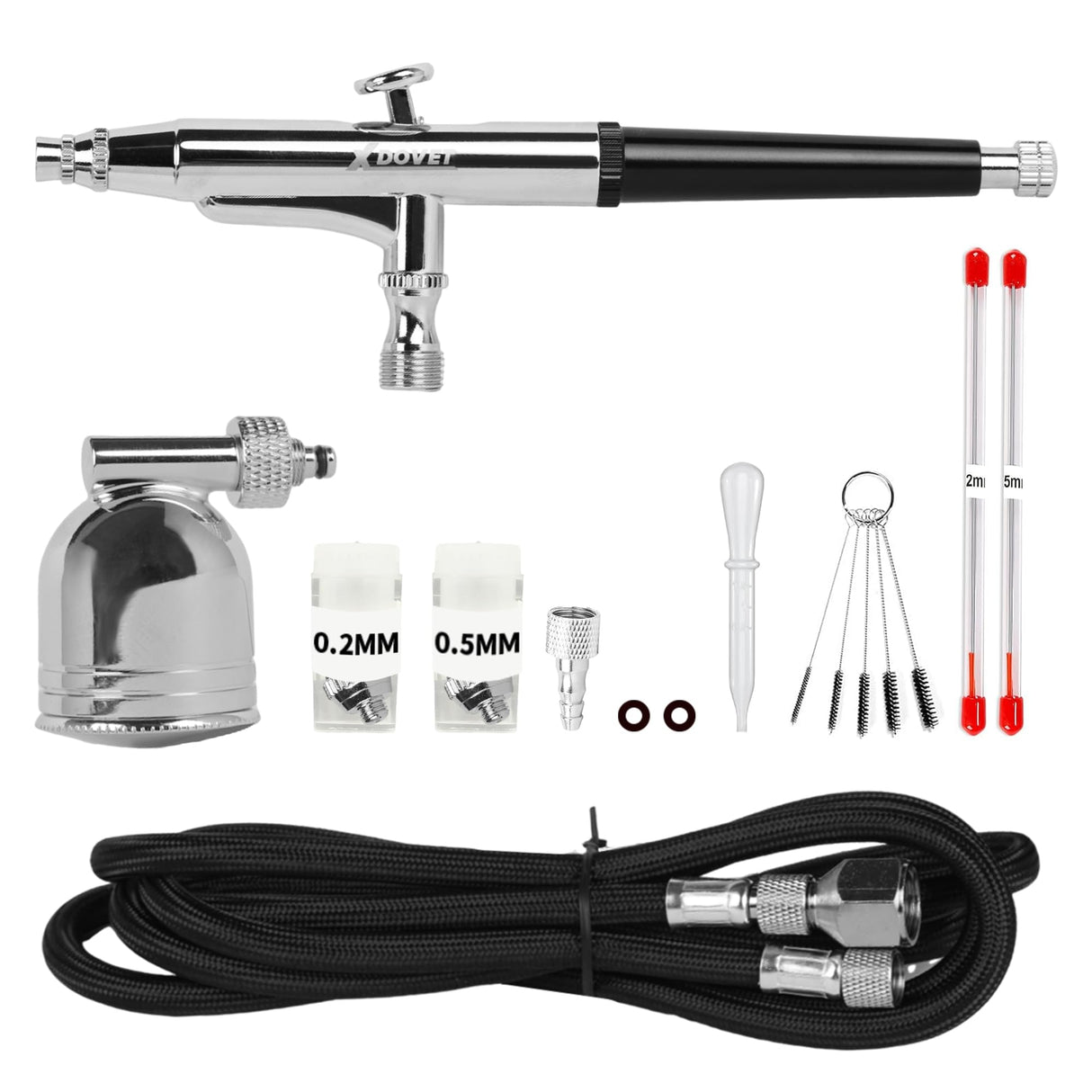 XDOVET Professional Dual Action Airbrush Kit with 7ml Metal Paint Cup and Side Pot - Ideal for Tattoos, Makeup, Nails, Models - 0.2/0.3/0.5mm Needle - Complete Airbrush Kit XDOVET
